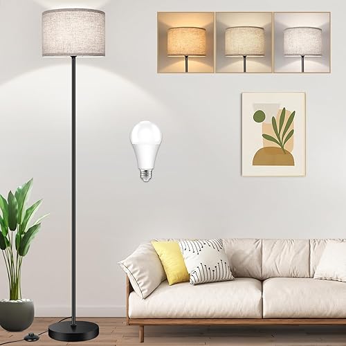 TOBUSA Floor Lamp for Living Room Bedroom with 3CCT LED Bulb, Modern Standing Lamp Drum Shade, 65’’ Tall with Foot Switch Black Pole, Dimmable Simple Design Stand Up Lamp for Home Office Reading