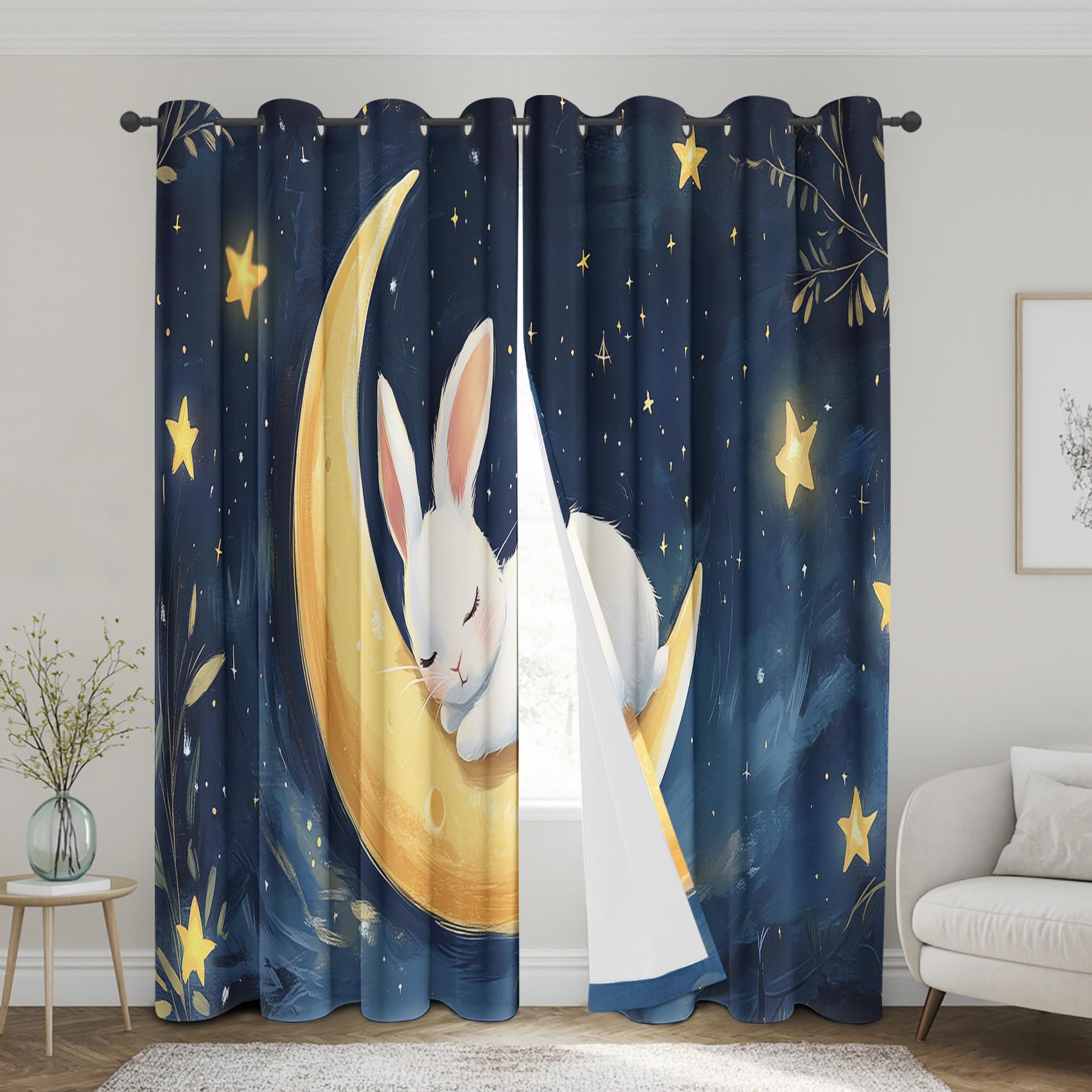 Cute Rabbit Curtains for Nursery Bedroom 84 Inch Length 2 Panels, Dreamy Starry Sky Moon Kids Blackout Curtains, Thermal Insulated Grommet Window Curtain for Living Room Drapes a1FT&-42