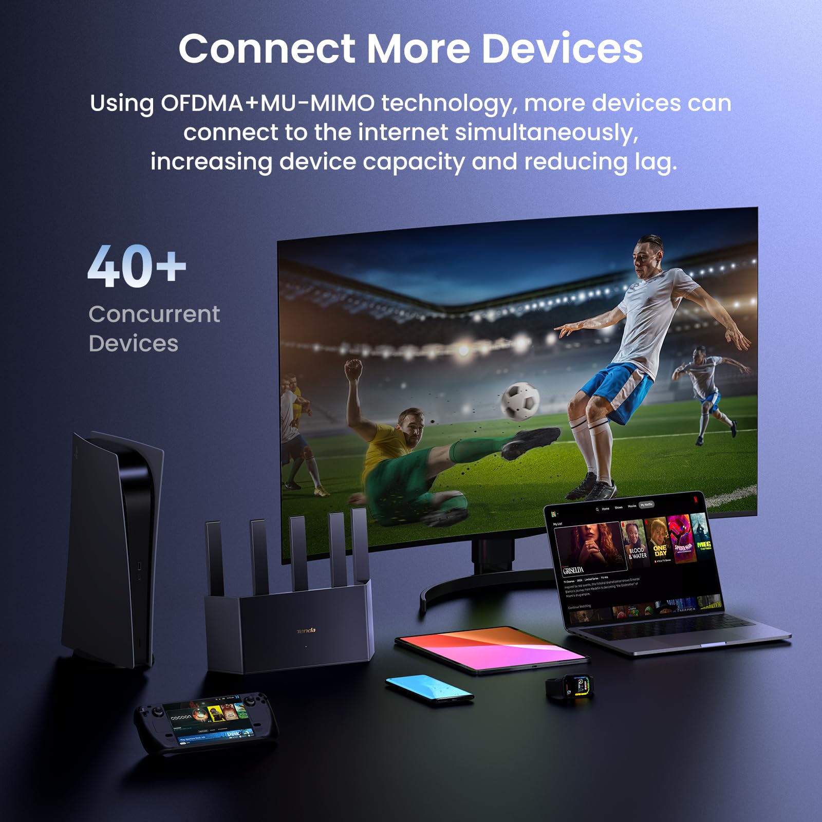 Tenda Router WiFi 6 AX3000 dual-band Router wireless per reti domestiche con 5 antenne ad alto guadagno 6dBI, router ad alta velocità con 4 porte Gigabit, compatibile con WPA3, VPN