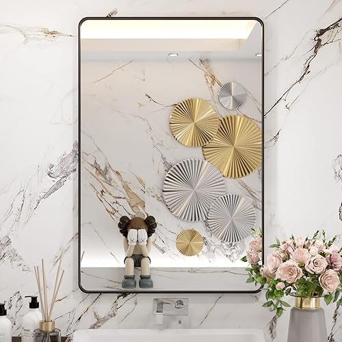 Miniatura 2 de WEER Espejo de baño con marco negro, espejo de baño rectangular redondeado de 24 x 36 pulgadas, espejo de baño negro mate para pared, antioxidante,