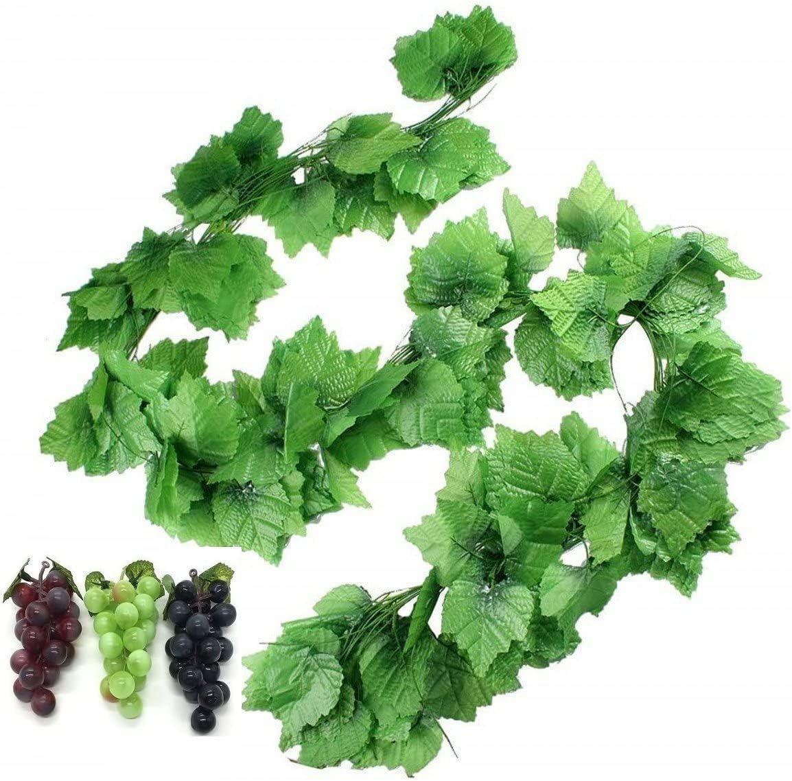 12 Strands 90 ft Artificial Fake Grape Vines with 3 Strings Grapes, Hanging Plant Large Leaves Garland for Wedding Party Store Home Indoor Outdoor Garden Spring Decor
