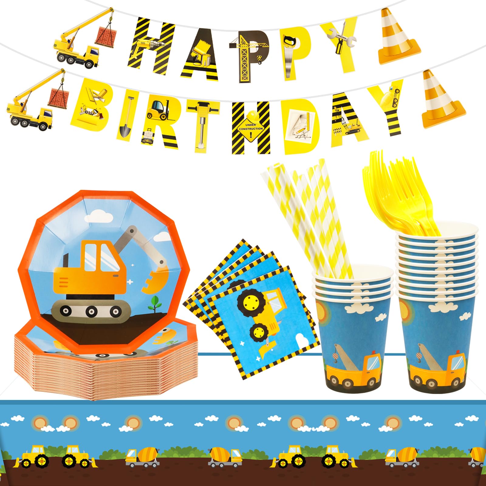 82PCS Construction Party Supplies Digger Party Decorations Construction Birthday Decorations Digger Birthday Decorations Plates Cups Napkins Tablecloth Serves 16