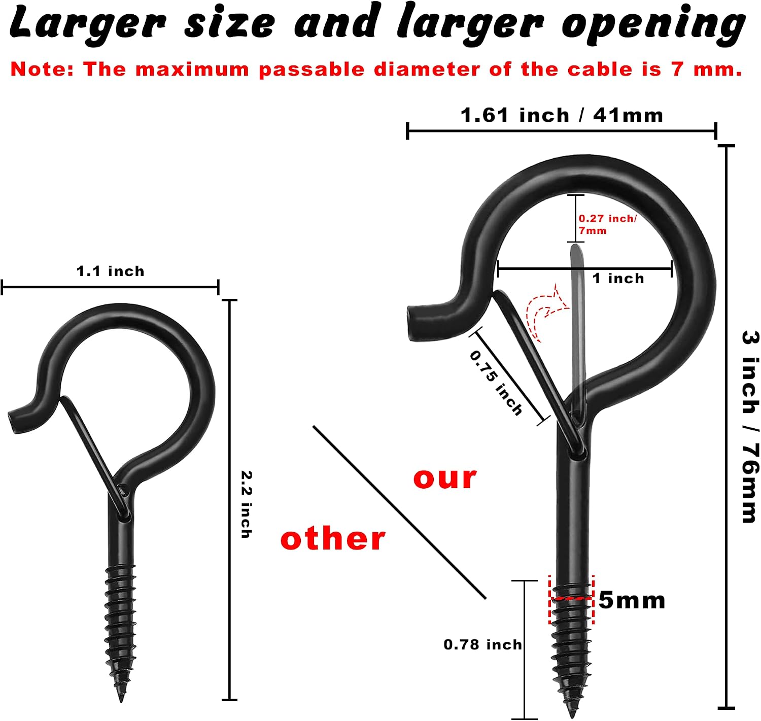 20 PCS 3 inches Q-Hanger Hooks with Safety Buckle, Screw Hooks for Outdoor String Lights, Ceiling Hooks for Hanging Plants, Black