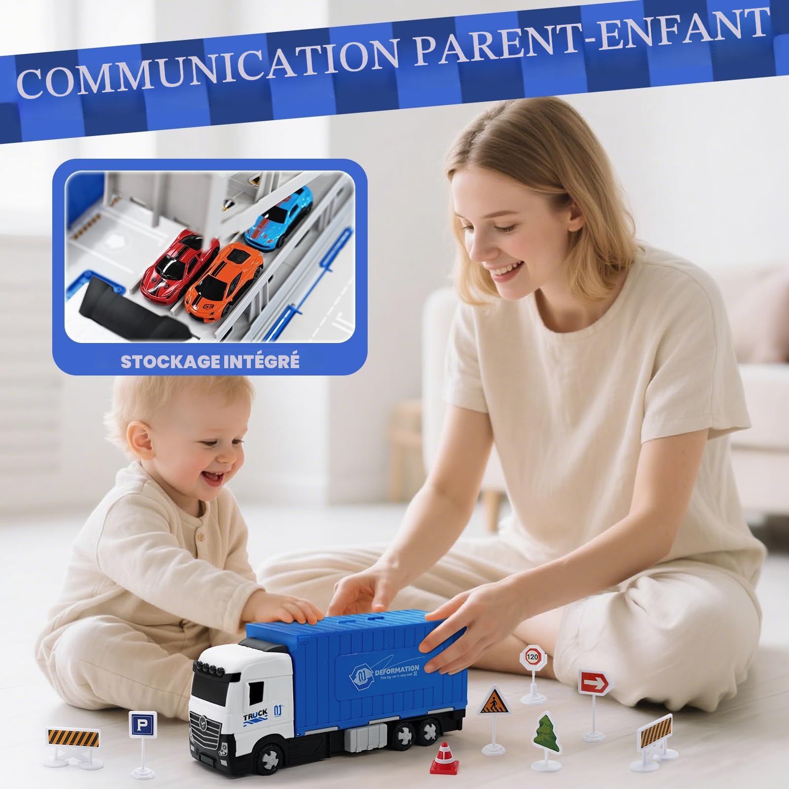 Transport Truck - Voiture Jouet pour garçons âgés de 3, 4, 5, 6 Ans - Portable - avec 8 Voitures de Course - Véhicule de Transport - Jouet pour Enfants (Bleu)