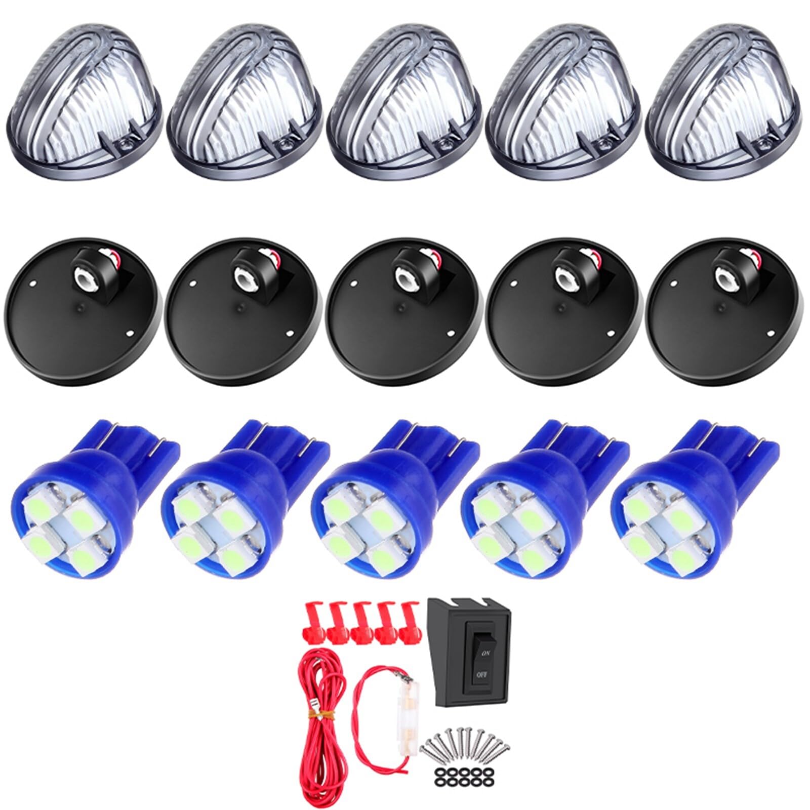 cciyu 5x Smoke Len 2005LENS-SK Round-Shape Cab Roof Marker Top Light Assembly w/Base+Wiring Pack T10 4-3528-SMD Ice Blue LED Bulbs