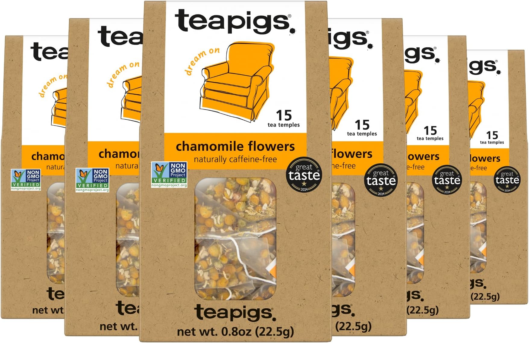 teapigs Chamomile Flowers Tea, 15 Count (Pack of 6)