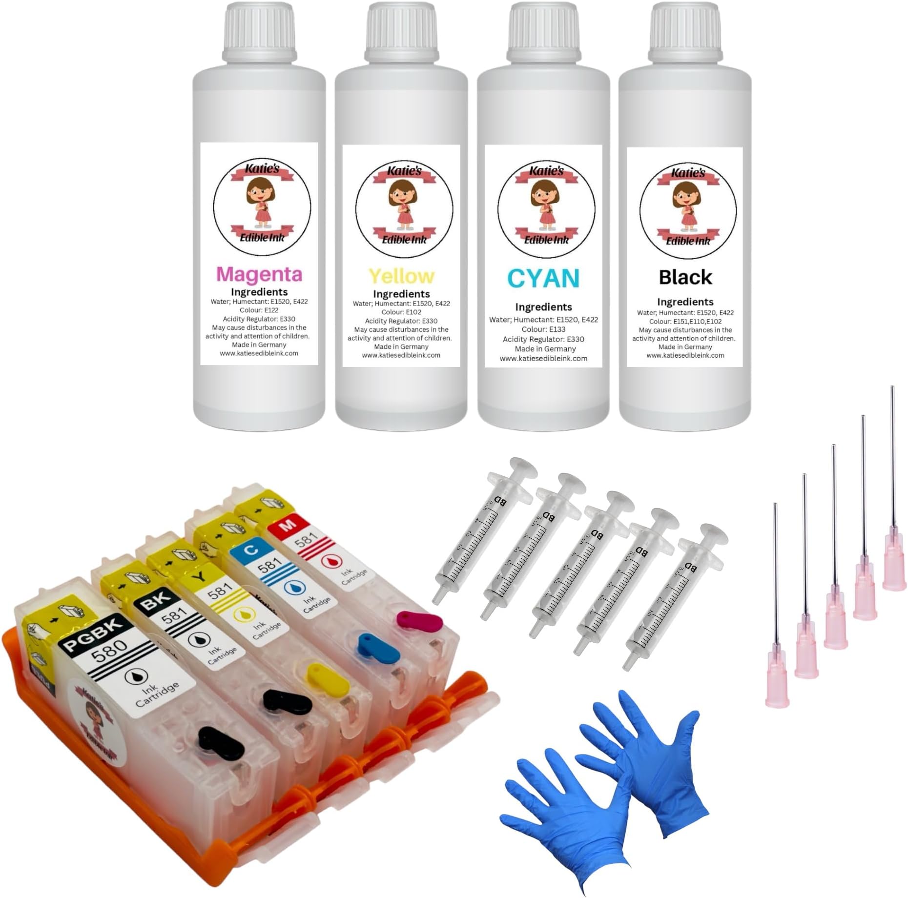 Refillable Katie's Edible PGI-580BK / CLI-581 BK/C/M/Y Ink Cartridges (580xl / 581xl) Compatible With Canon TS705 Printer Full Set With Auto Reset Chips