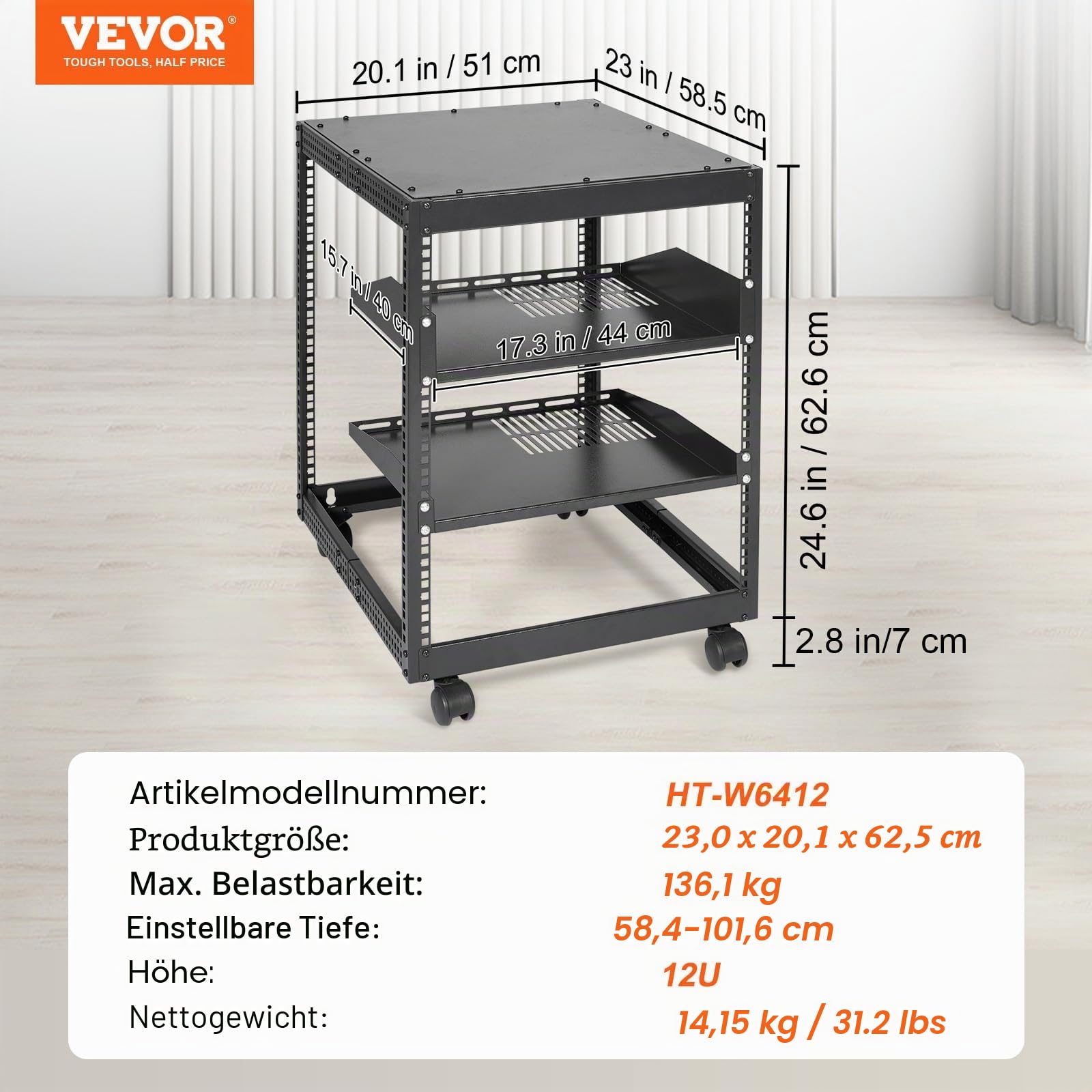 VEVOR 12U-Server-Rack mit offenem Rahmen 15-40" verstellbare Tiefe freistehender/wandmontierter Netzwerk-Server-Rack 4-Pfosten-AV-Rack mit Rollen für Ihre gesamte Netzwerk-IT-Ausrüstung AV-Ausrüstung