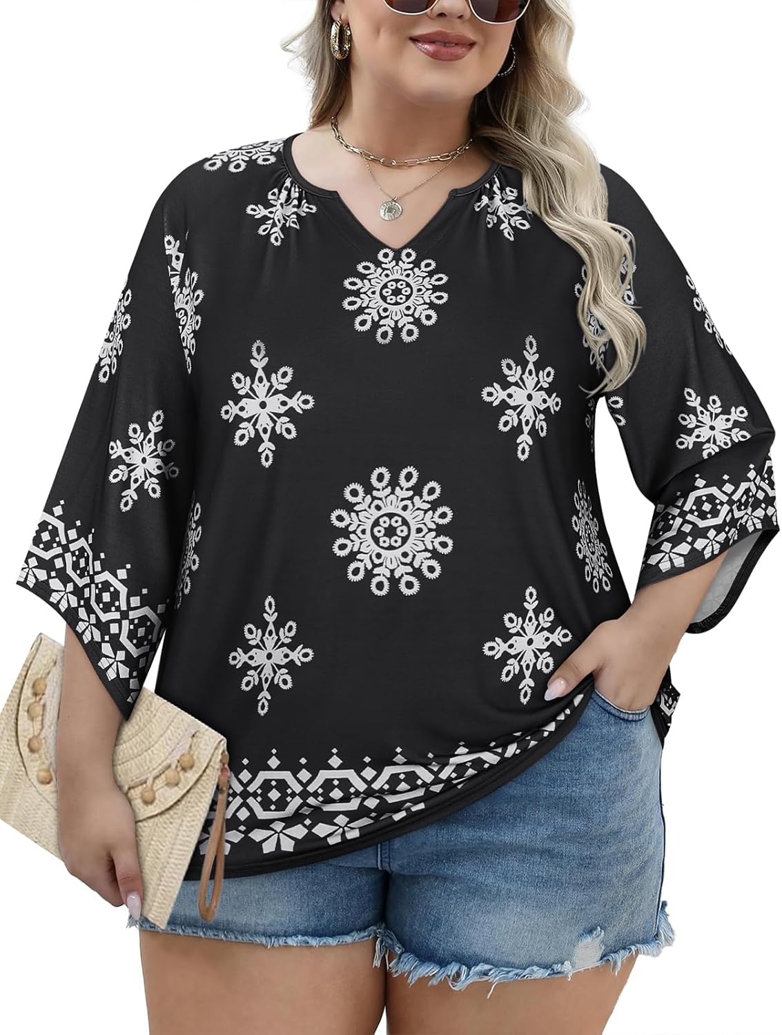 Koscacy Plus Size Tops for Women 3/4 Sleeve Shirts Casual V Neck Loose Fit Blouse - Image 2