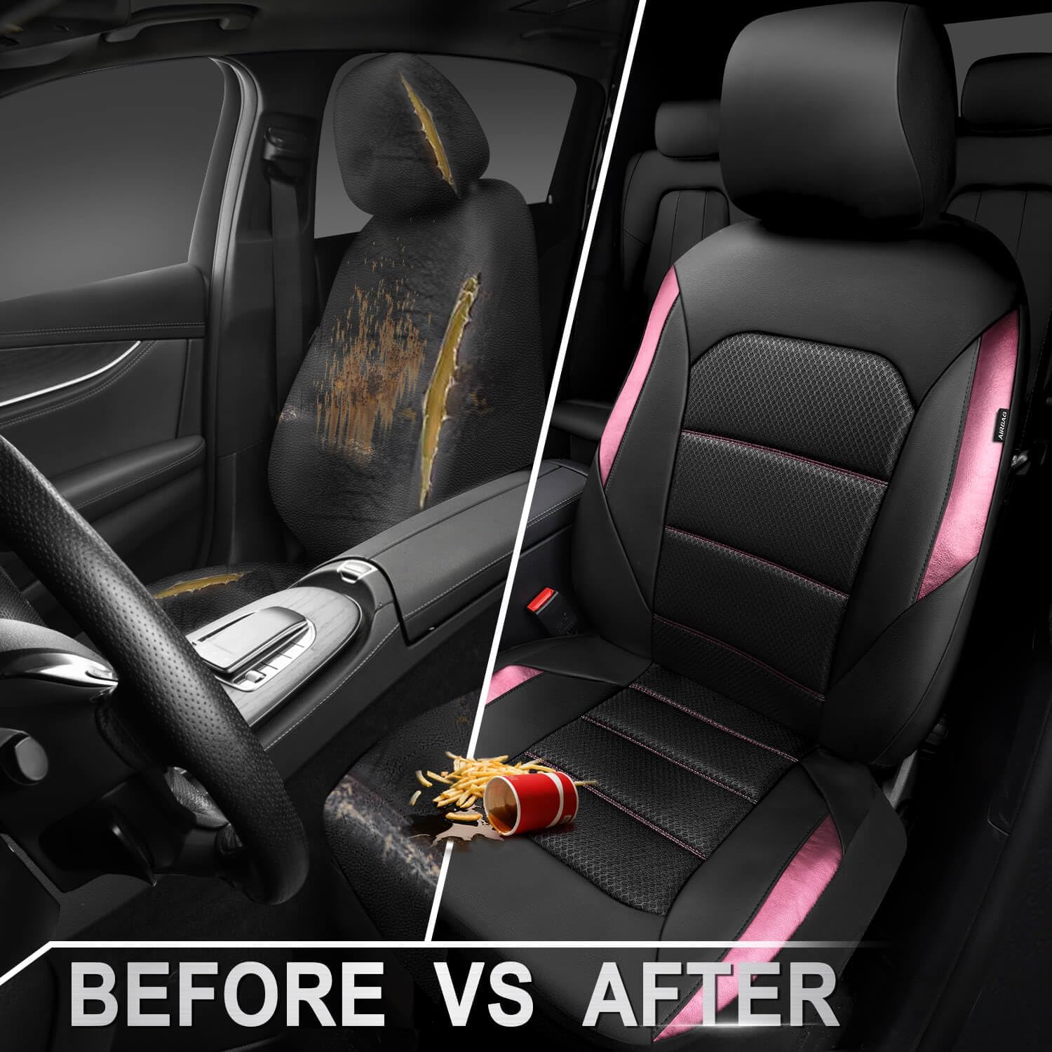 CAR PASS Memory Foam Car Seat Covers,Air Cool Mesh Thick Seat Covers Front Seats,Pink Metal Film Leather Seat Cover for Car,Universal Automotive Comfort for Most Car,Truck,Airbag Compatible,Black Pink