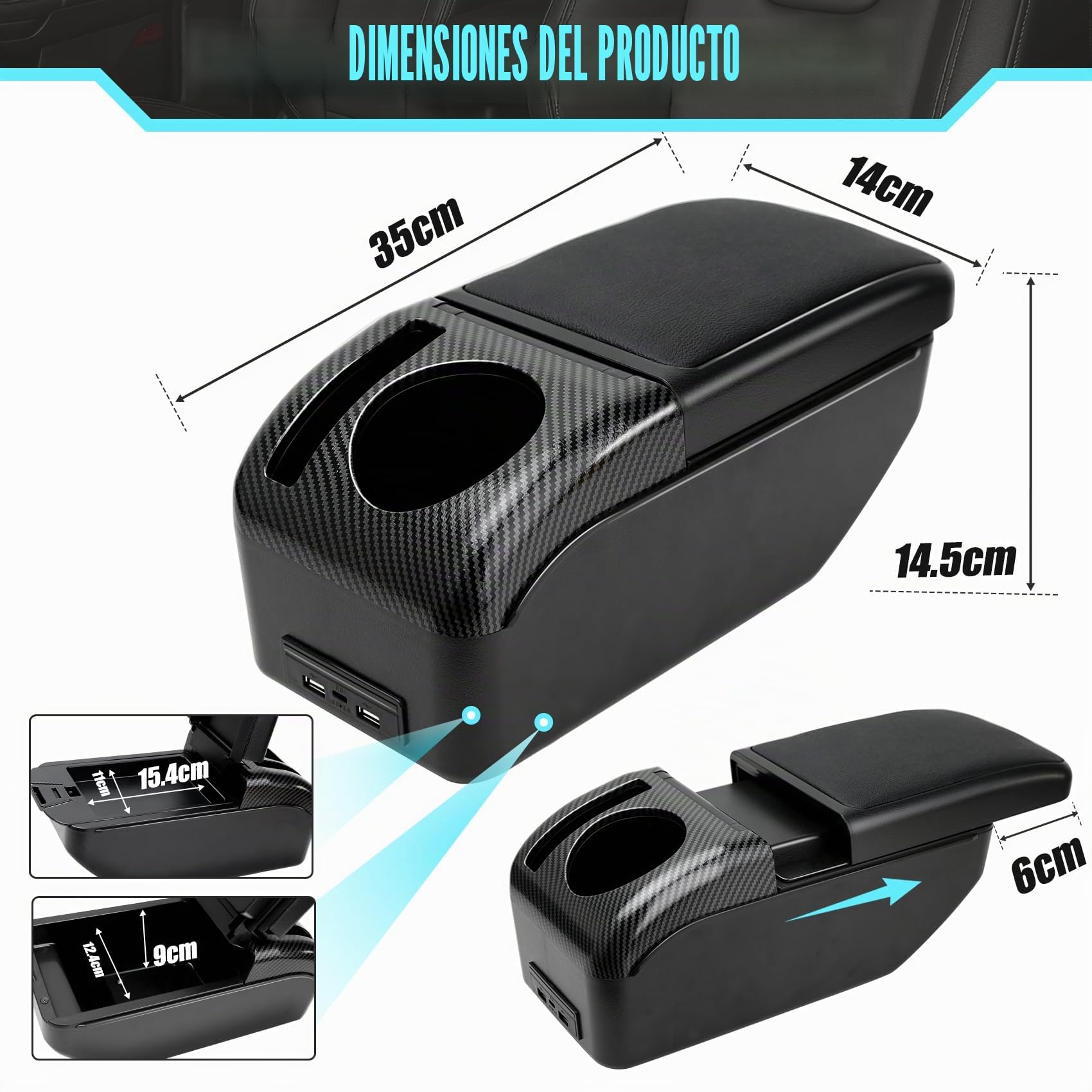 Apoyabrazos Para Citroen C3 MK3 2016-2024 Apoyabrazos Coche Consola Reposabrazos Central Almacenamiento Negro Cuero Tapizado Caja