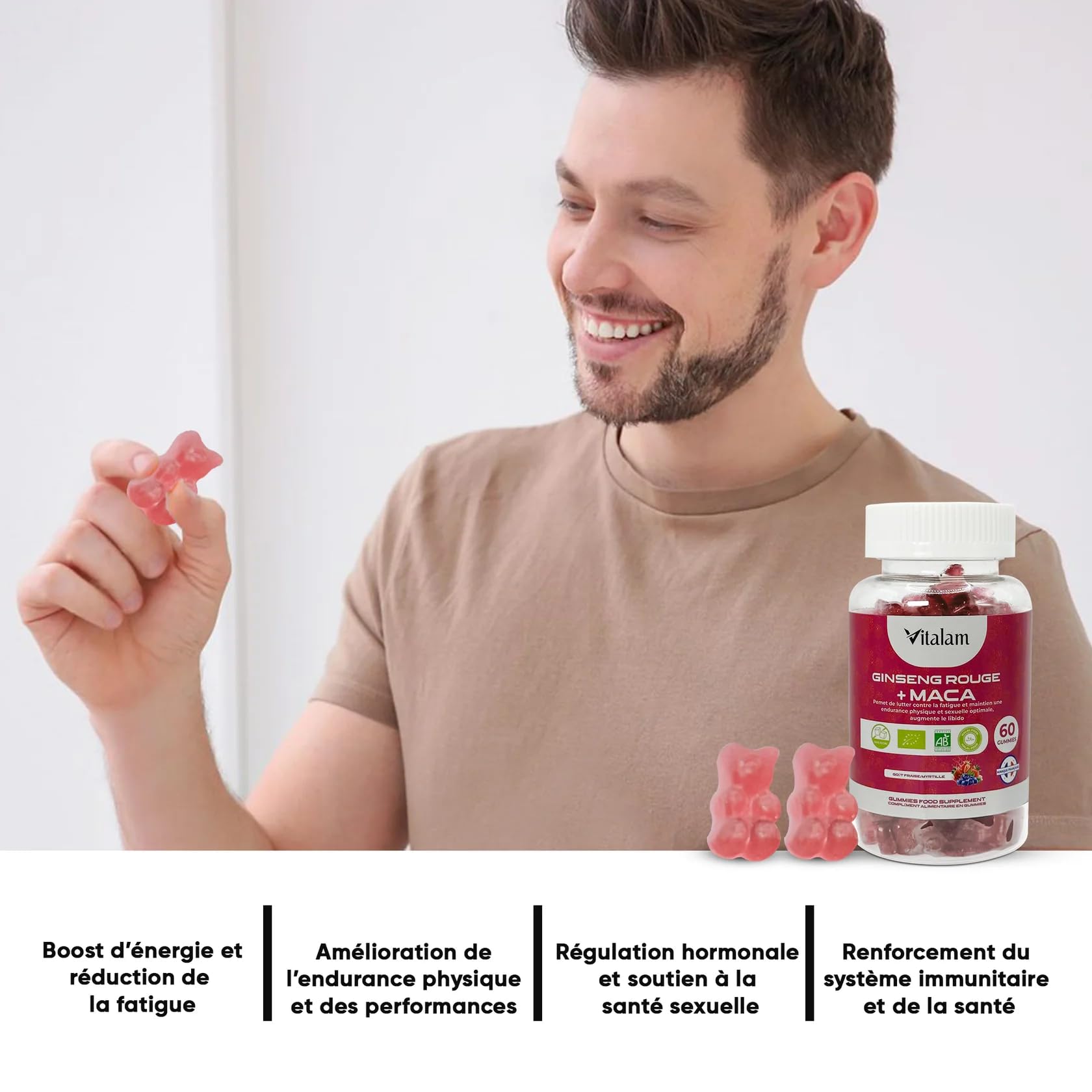Gummies Ginseng Rouge avec de la Maca jaune BIO de Corée | Viagra homme naturel, Vitamine b12, Energie, Force, Augmente le désir et les performances, 60 gummies, Goût Fraise