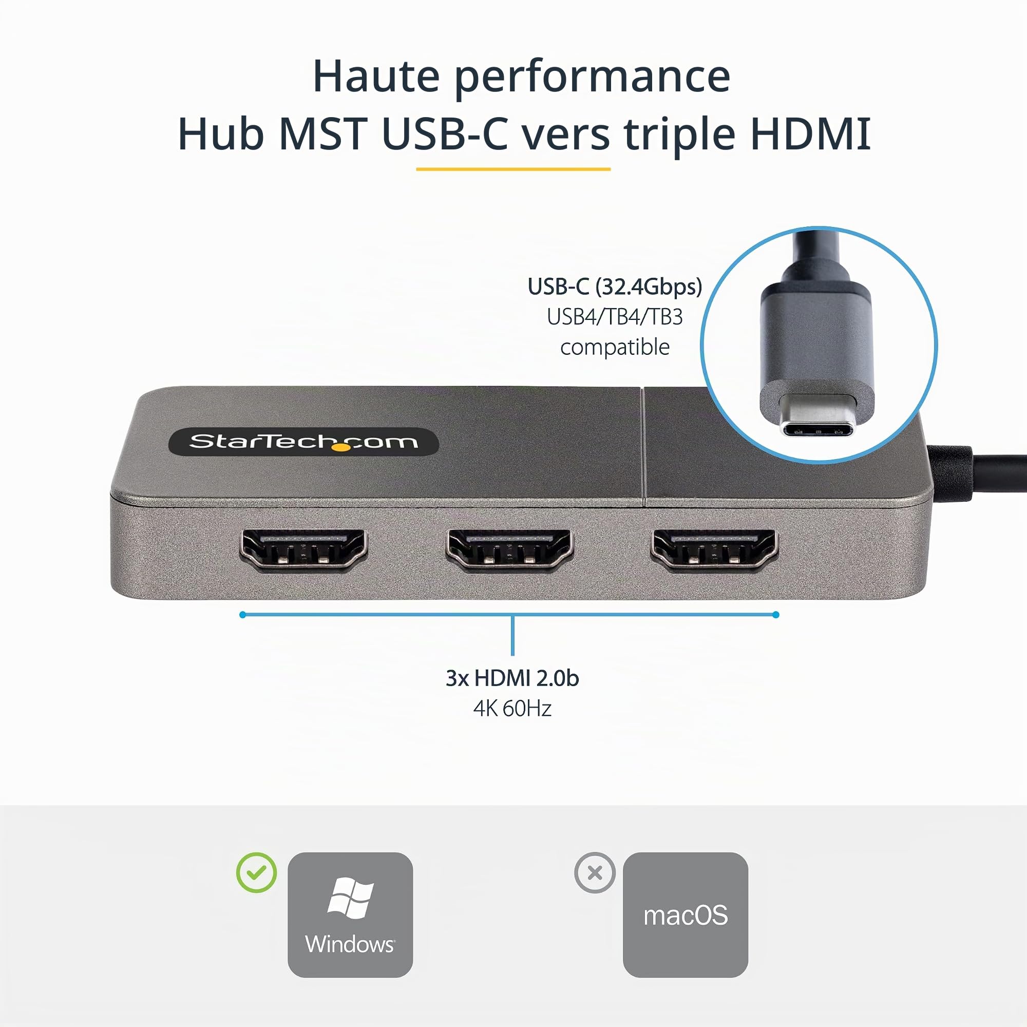 StarTech Hub MST USB-C vers Triple HDMI 4K 60Hz, HDR, DSC, Audio 2 canaux
