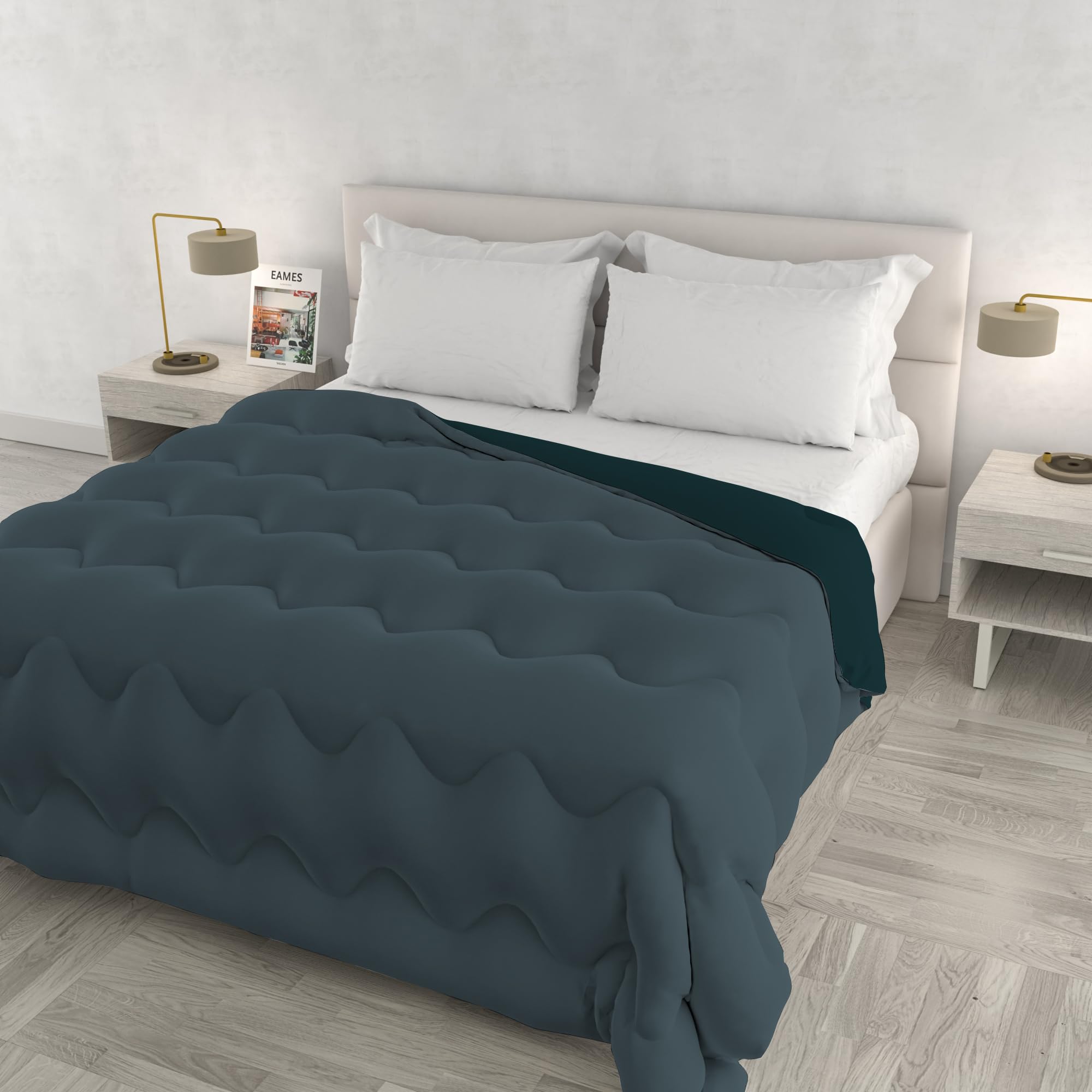 Winterbettdecke ZOE Made in Italy, zweifarbig Wendeoptik, Steppdecke mit Füllung 250 g – Doppelbettdecke 250x250 cm – Waschmaschinengeeignet – Petrol/Salbei