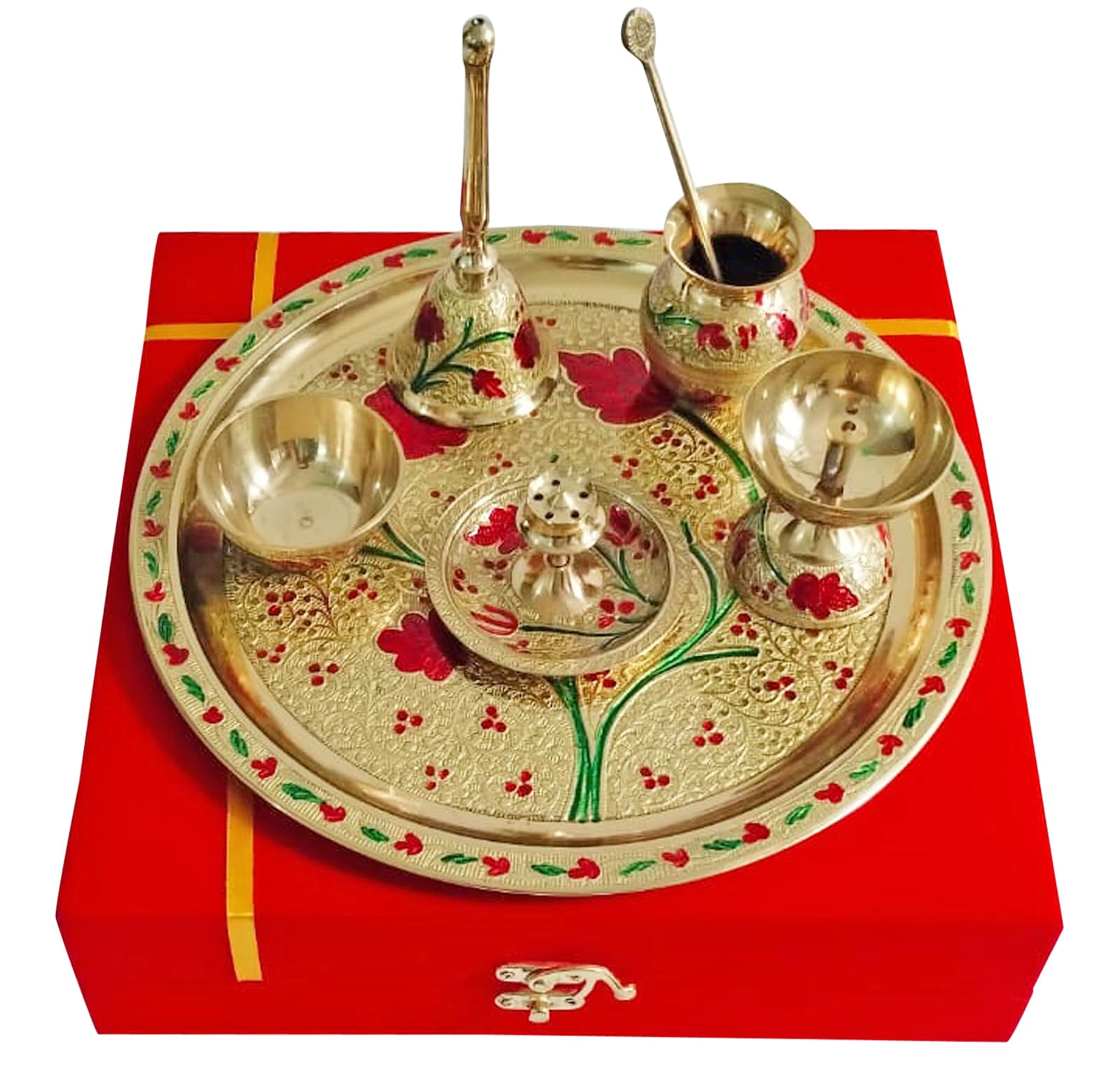 TRAFAART Indian Golden Pooja Thali with Velvet Box 10 Inch Handcrafted Brass Puja Thali Set of 7 Pcs Festival Meenakari Arti Thali