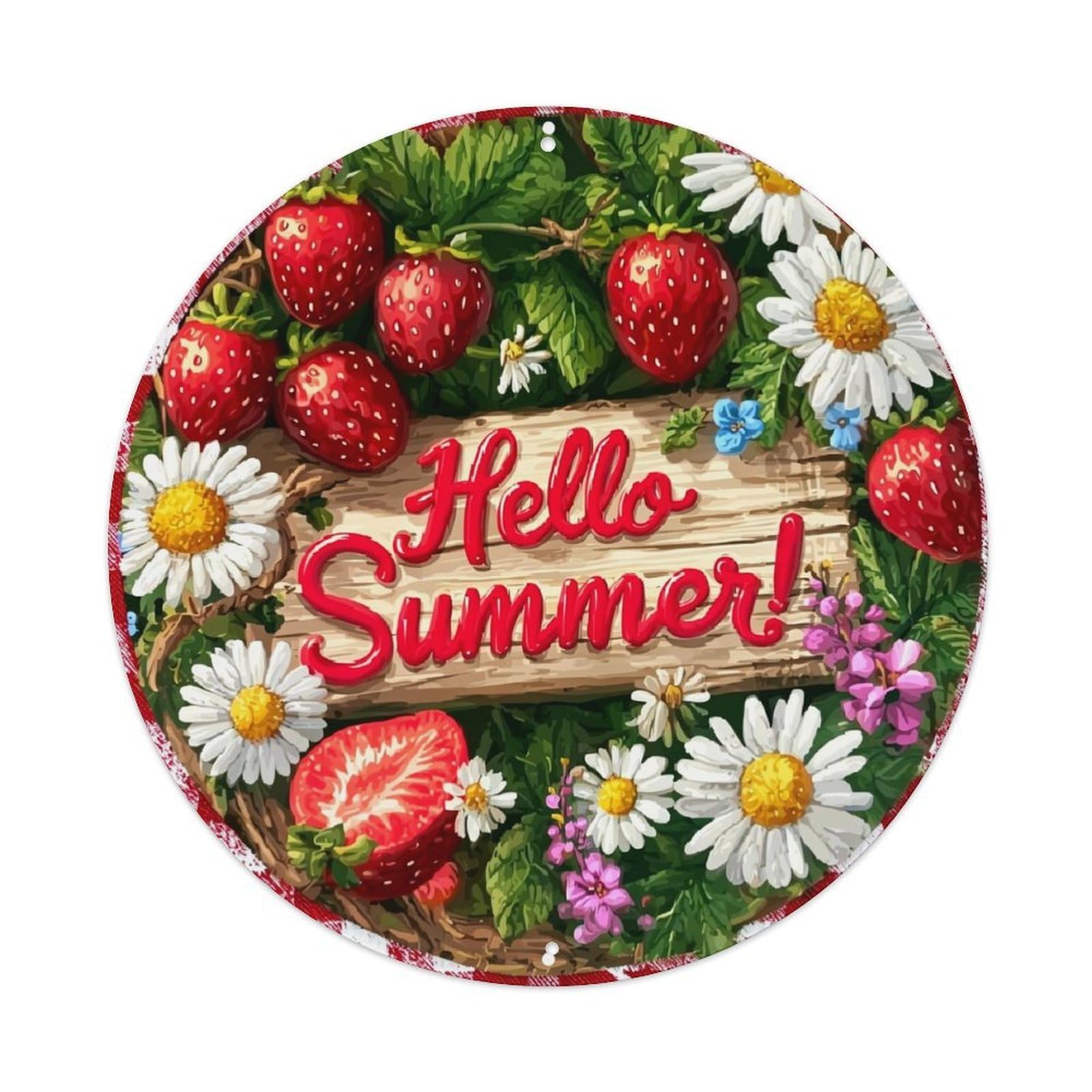 Jdyaojiesheng Vintage Strawberries Daisies Wood Sign Summer Round Tin Sign Retro Metal Wall Decor Metal Poster, Home Bar Garage Farmhouse Cafe Wall Art Decoration 8X8inch