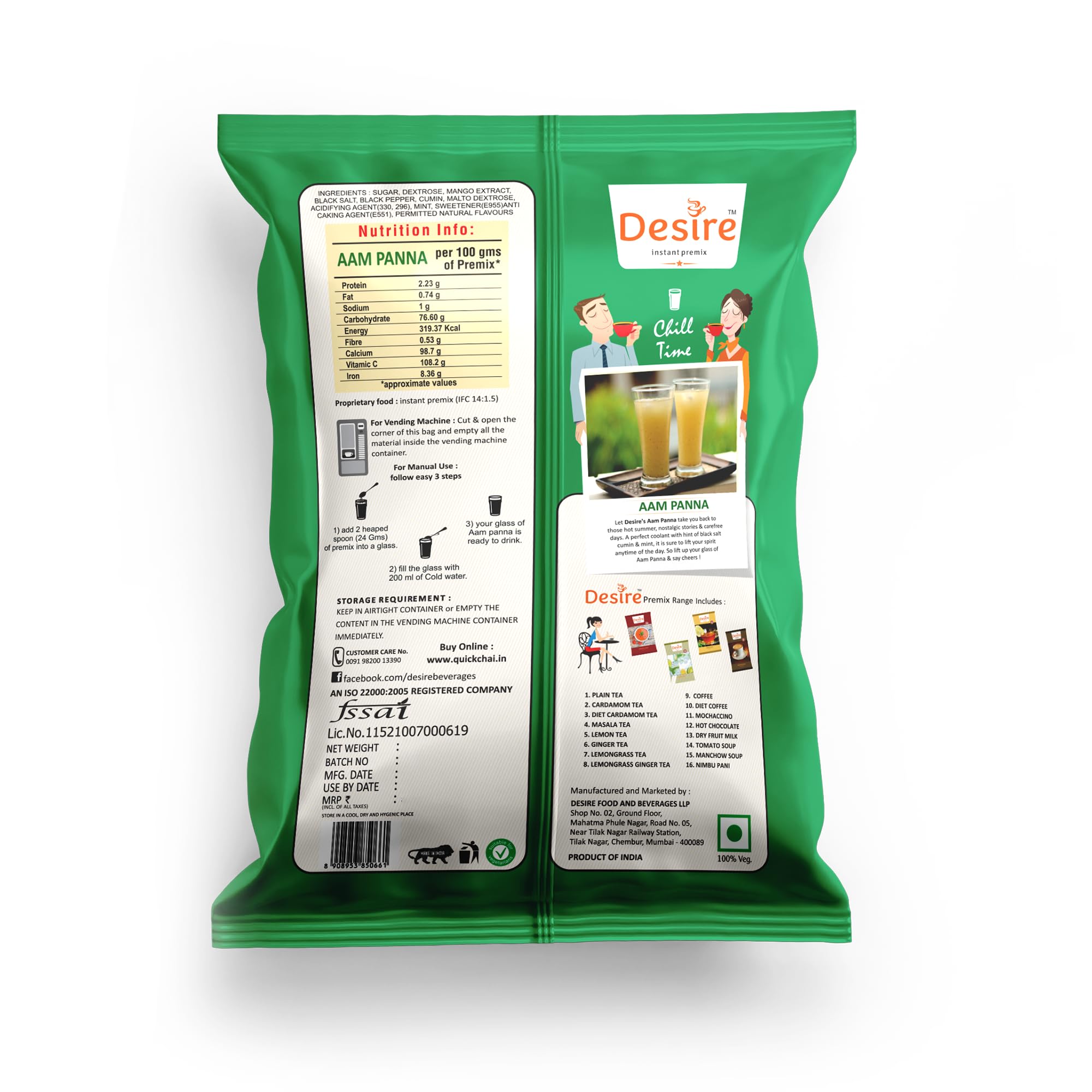 Desire instant premix Aam Panna Powder 500g, Mango Drink, Tangy and Sweet Taste, No Added Preservatives and Colours (Makes 35 Glass)