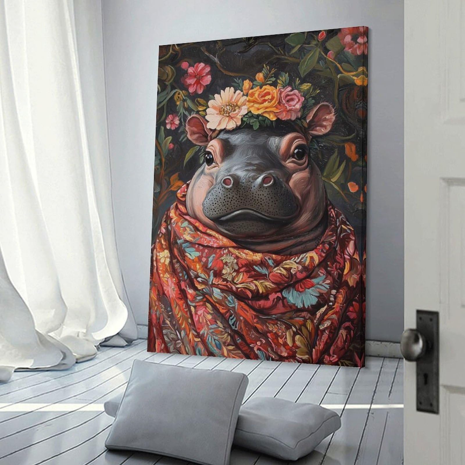 Junmoney Wall Art Print Floral Hippo Portrait, 20x30inch(50x75cm), for Bedrooms, Workspaces And Everyday Interiors, Stylish Home Artwork for Focal Walls