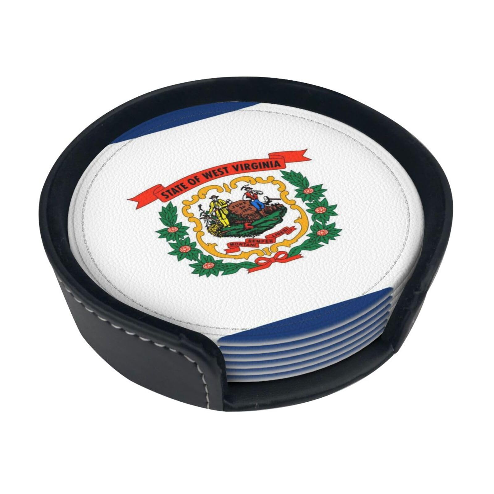 West Virginia State Flag Leather Coasters-Set of 6 with Storage Holder
