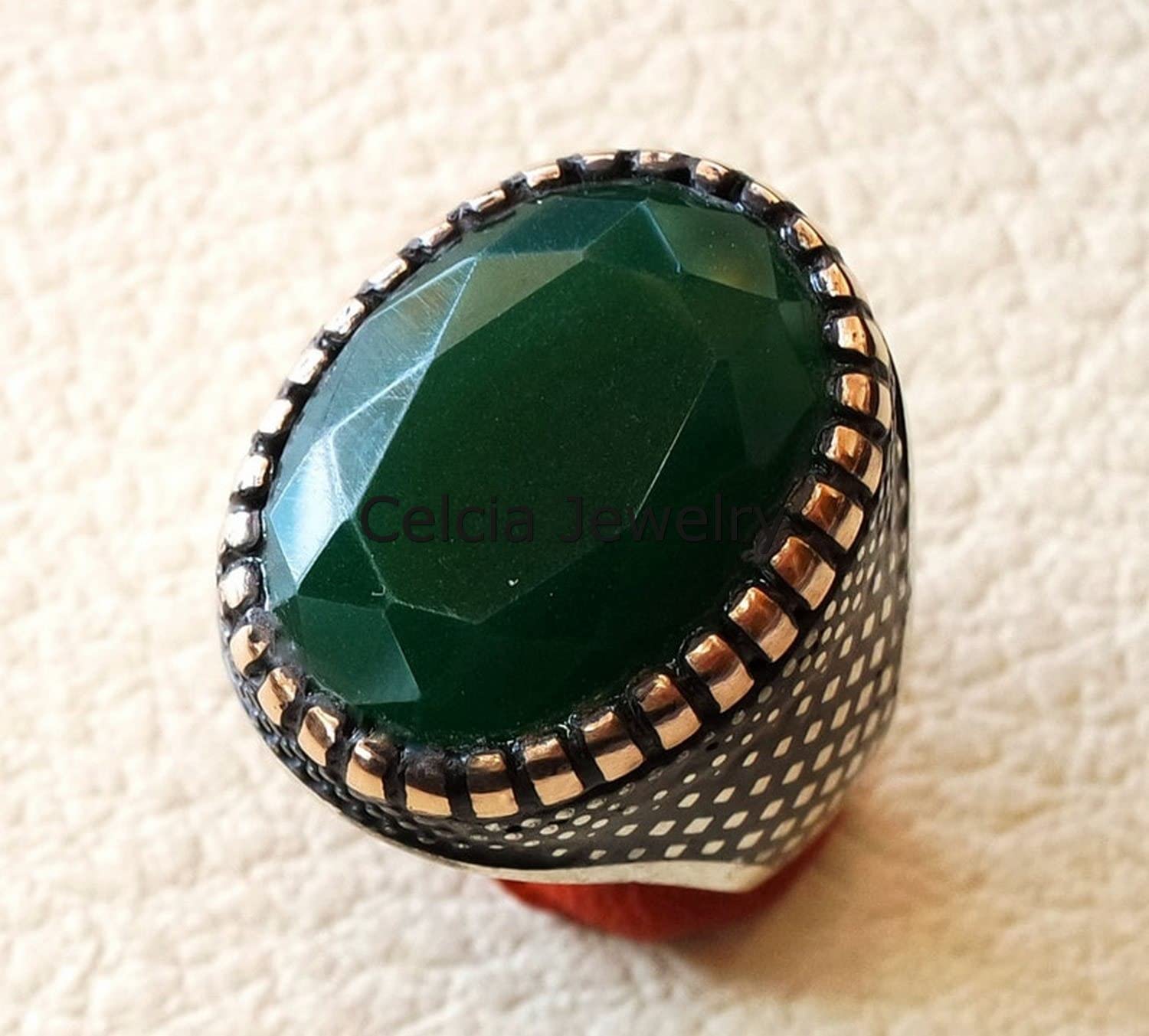 Smaragd echter grüner Edelstein facettierter ovaler Ring, schöner handgefertigter Siegel-Statement-Ring, Vatertagsgeschenk, silberner Emaille-Ring, Mai-Geburtsstein-Geschenk (Smaragd)