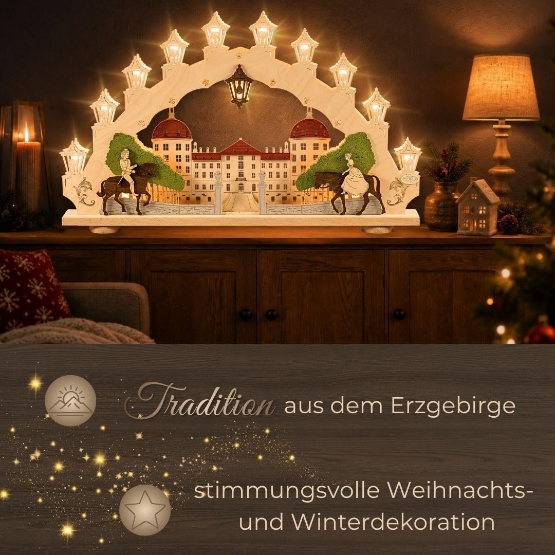 weigla - Schwibbogen original Erzgebirge I Motiv Moritzburg I Lichterbogen Weihnachten I 15 Lampenkerzen + 1 Ersatzlampe I 15 x 16 V, 3 W, E10 I beleuchtete Weihnachtsdeko innen I aus Holz