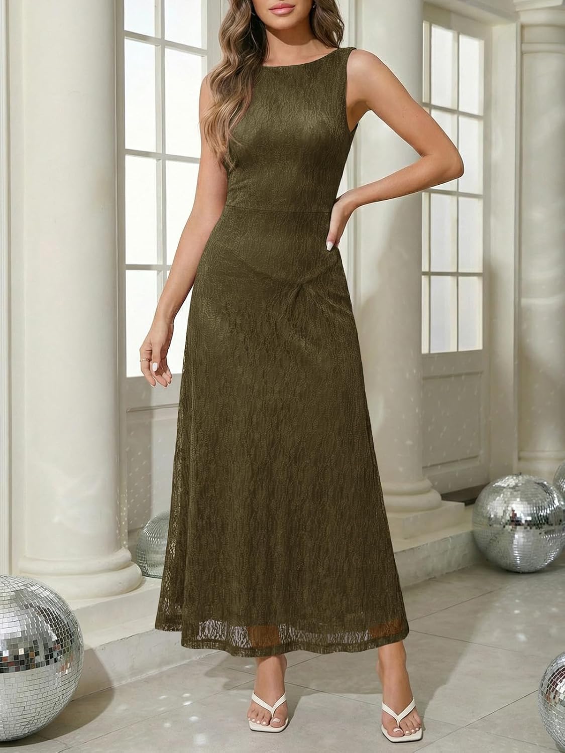 Wenrine Womens Sleeveless Maxi Dress Summer Lace Backless Boat Neck Zipper Flowy Party Cocktail Elegant Long Dresses