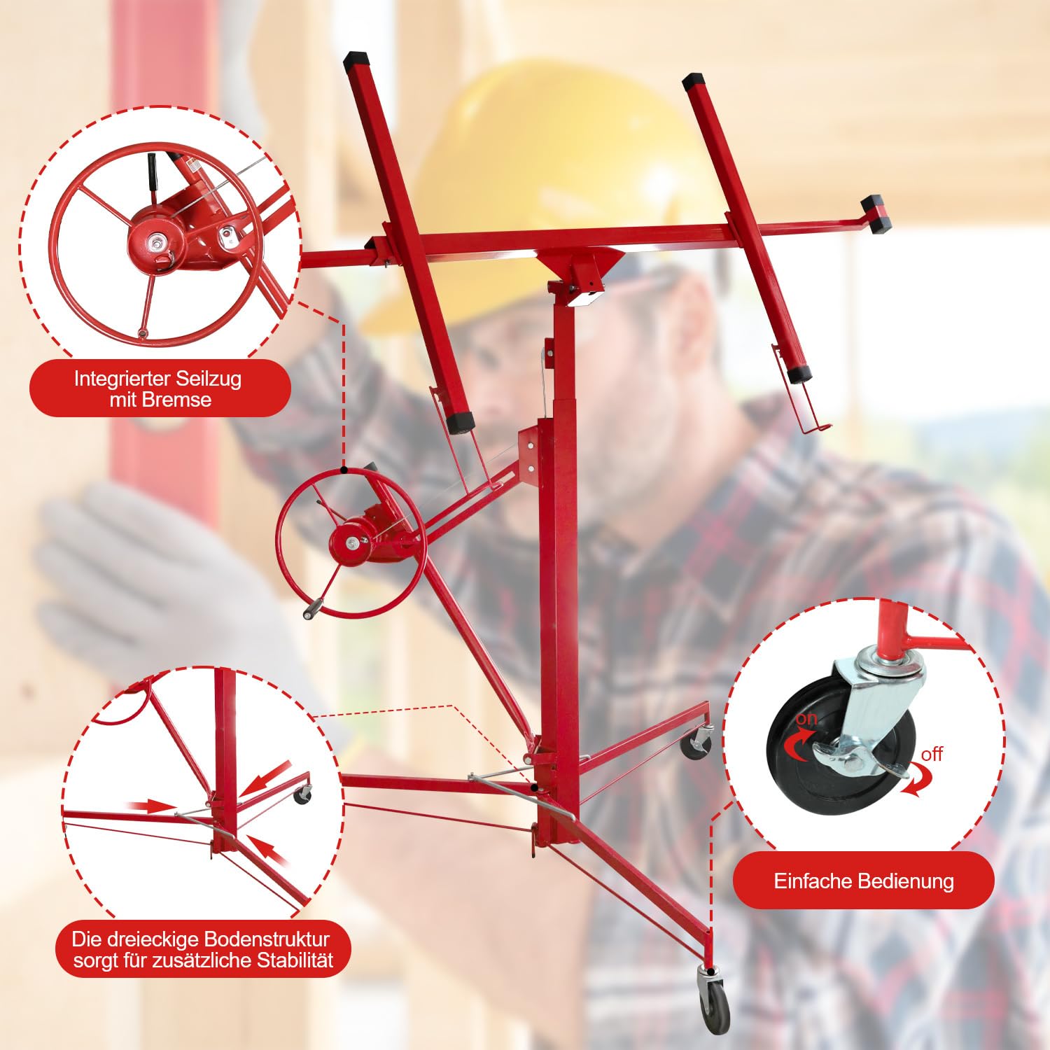 Plattenheber Trockenbau 68 kg Traglast,Rot XXL 140 cm -350 cm Arbeitshöhe, max. 290 cm Lastarmbreite, höhenverstellbar