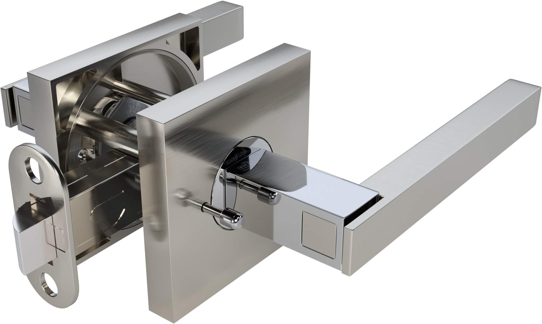 1701 - Door Handle Door Knobs Door Lever - Interior Door Handles - Modern Installation Kit Pack Set in Satin Nickel - Polished Chrome Finish with Lock Privacy Pin Function