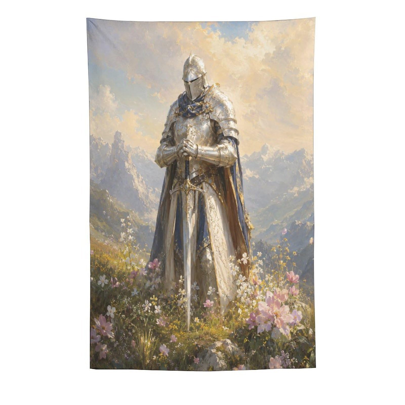 H3B8U2Y5 Medieval Knight Floral Mountain Wall Tapestry, Heroic Armor