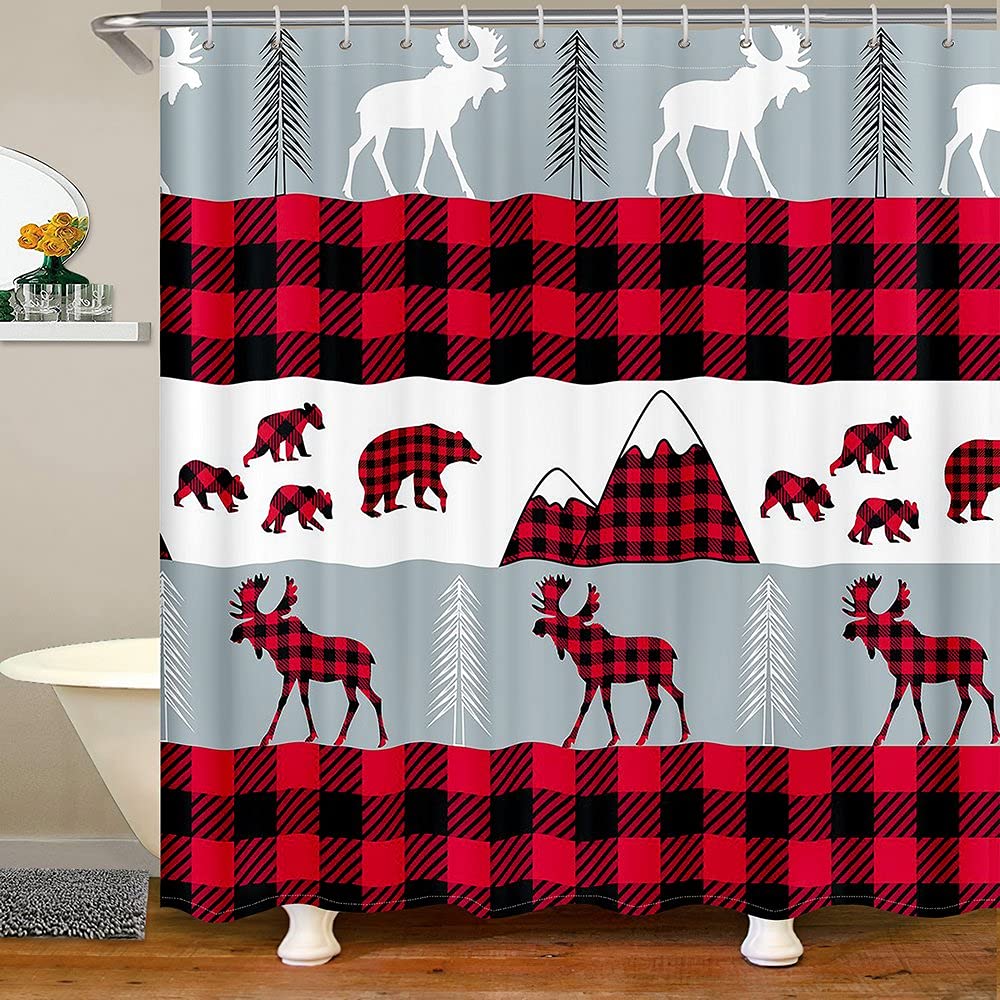 Wathon Tenda Da Doccia Natalizia 178x170 Cm Con Motivo Quadri Lodge - Orsi, Volpi, Cervi, Cardinali, Funghi E Pini - Poliestere Impermeabile Con Ganci Inclusi - 3