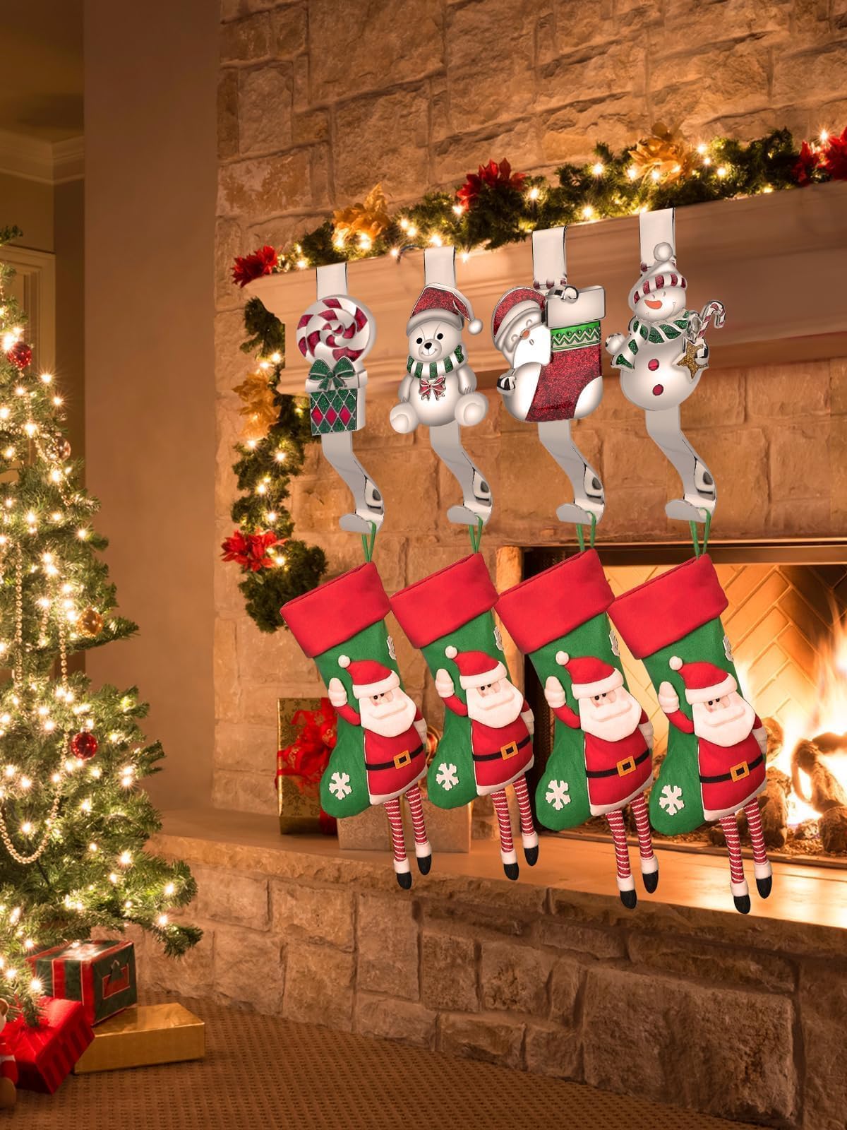 EBANKU 4 pezzi Porta calze di Natale per camino, 4 porta calze da camino argentati, ganci antiscivolo robusti per mensole di Natale Decorazione Regali