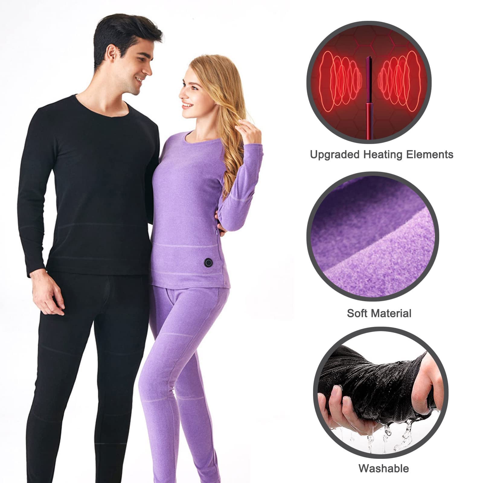Conjunto de ropa interior térmica para hombres Camisas térmicas de manga larga con calefacción Pantalones Capa base con calefacción eléctrica USB Adecuado para acampar en invierno (Negro XXL