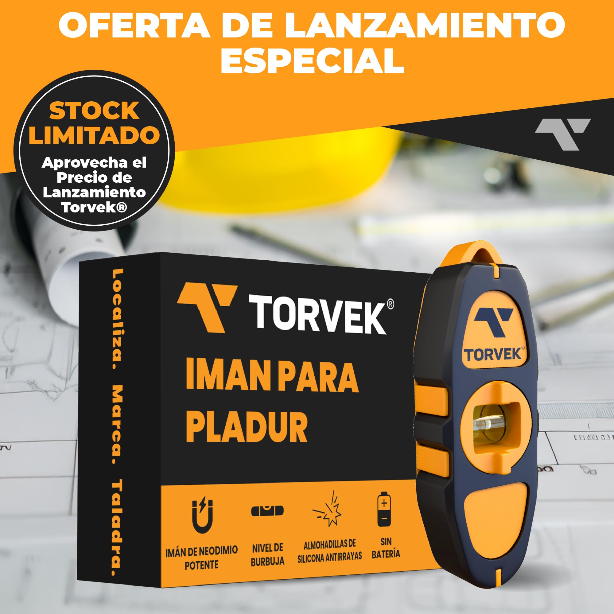 ✮ Imán para Pladur ✮ Detector de perfiles metálicos y tornillos – Imán de neodimio con nivel de burbuja giratorio – Herramienta precisa para electricistas, yeseros y fontaneros