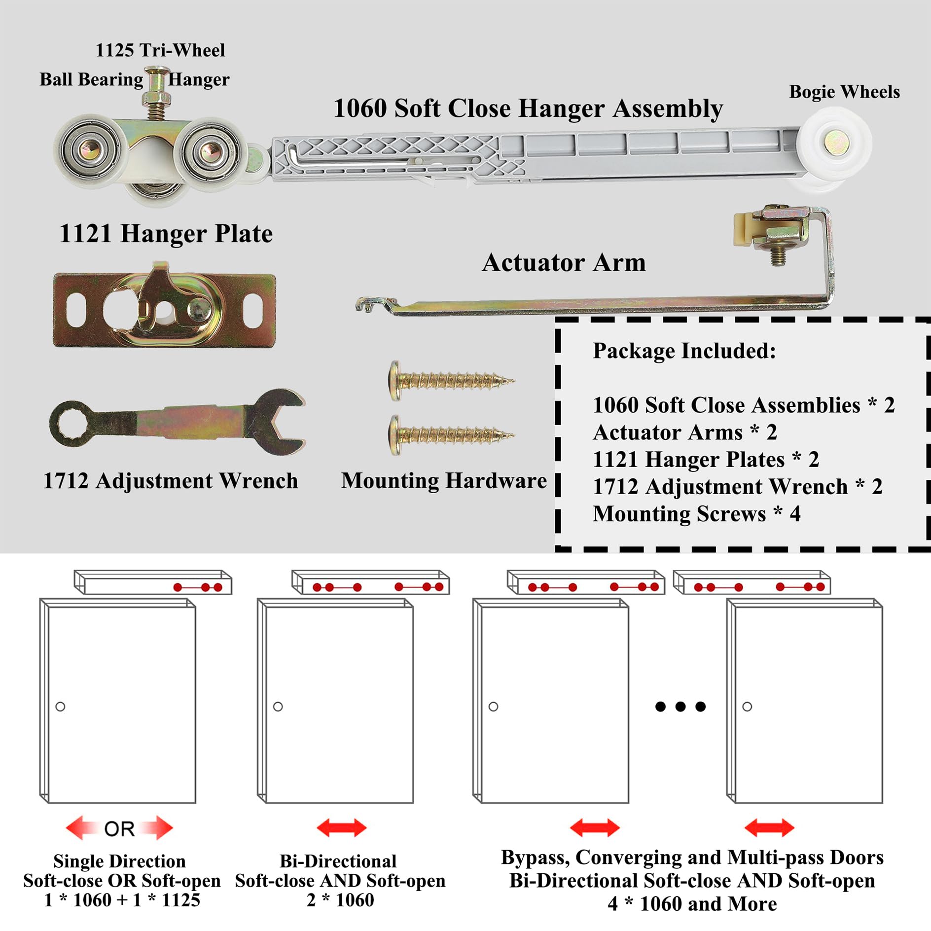 2 Set Pocket Door Soft Close Top Hanger Assemblies Fit for Johnson P/N #1060 & #1062, Works with 100, 134F, 138F, 2610F Series Track, 1" Nylon Ball Bearing Tri-Wheel, Bi-Direction — Amazon image 3
