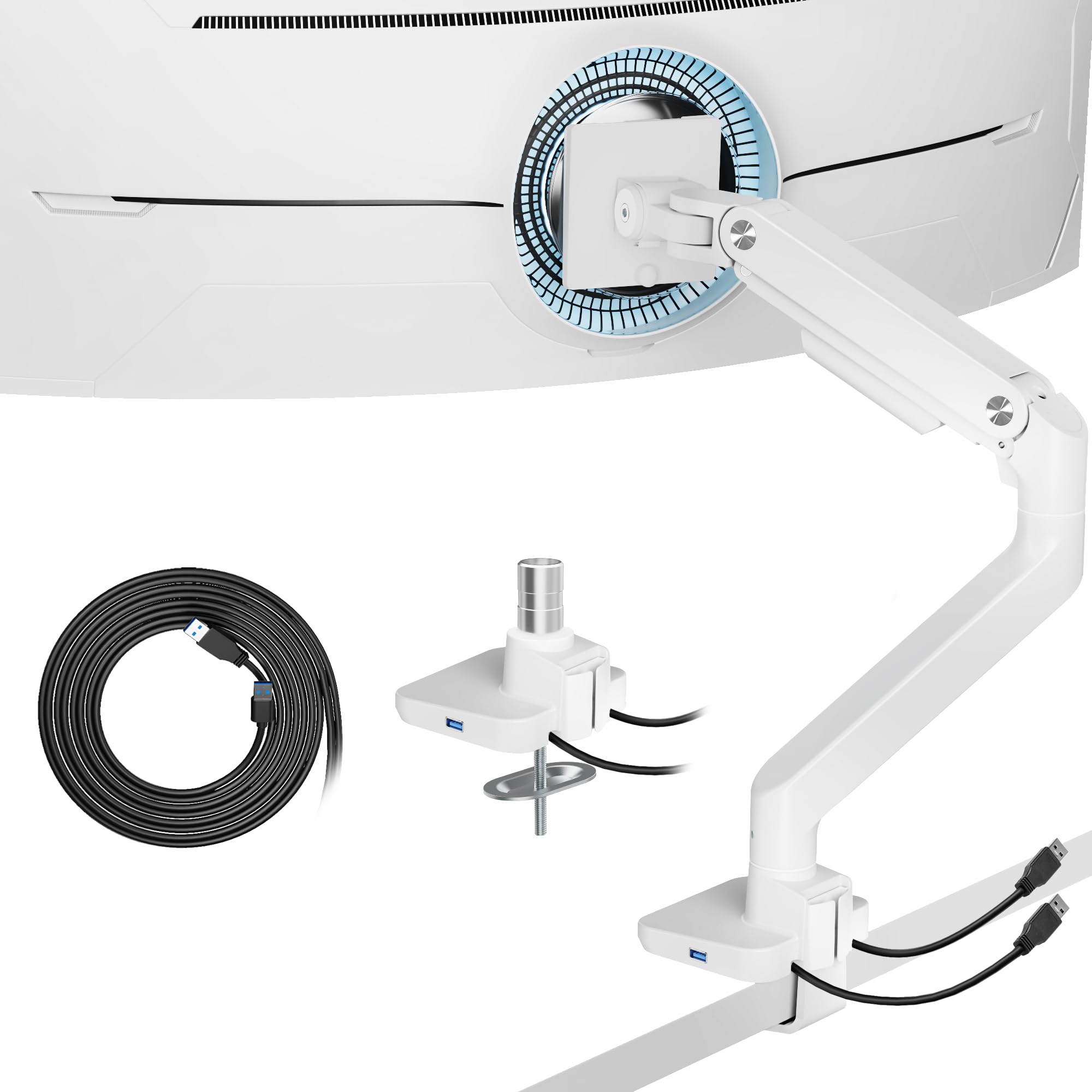 ARES WING Brazo Monitor Soporte Monitor 17-49" hasta 20kg con USB Blanco | Brazo para Monitor Plano y Curvo Ergonómico, Resorte de Gas, VESA 75/100 mm, Altura Ajustable, Giro 360°, Inclinación ±20°