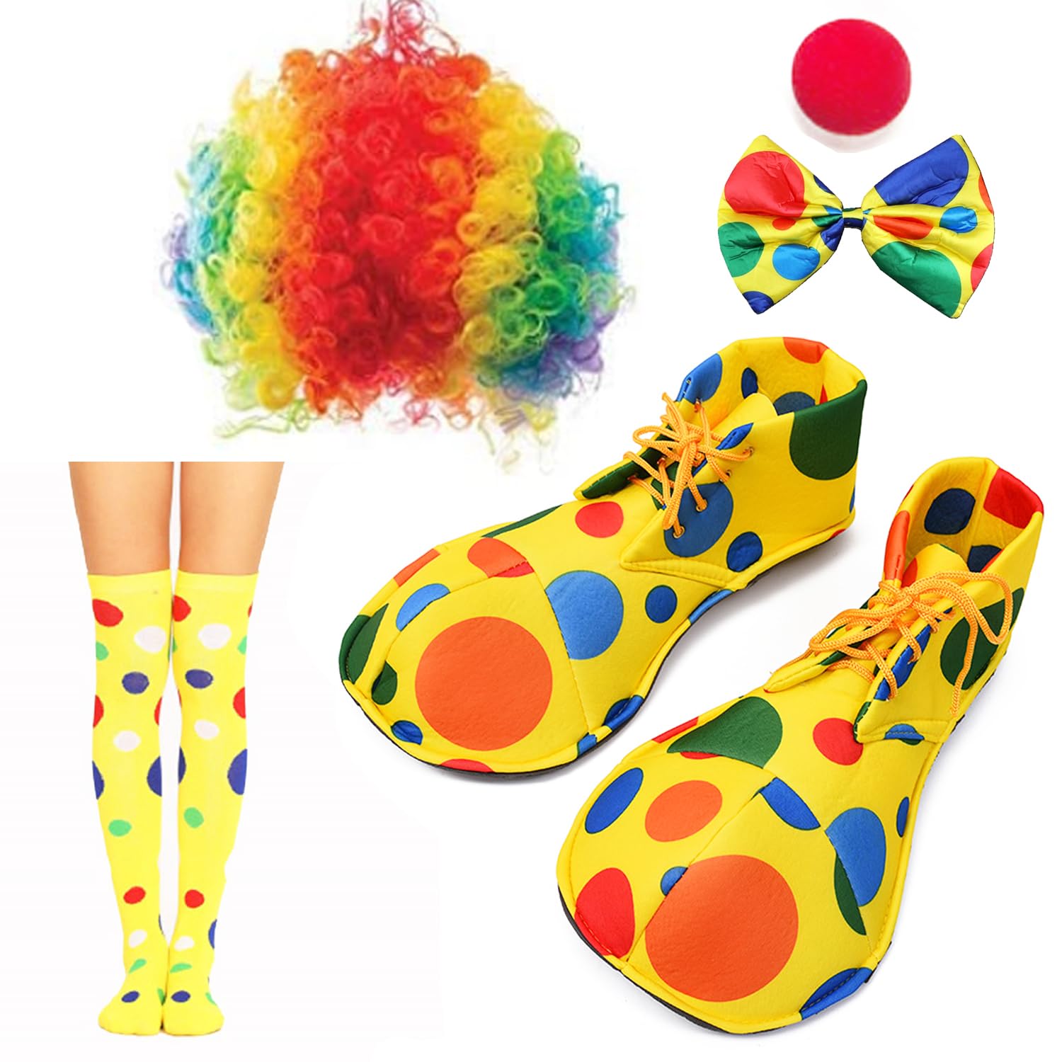 Weahre 5pcs Clown Costume Set Wig Nose Shoes BowTie Socks Fancy Dress Outfit for Halloween Carnival Cosplay Birthday Dress-Up Party