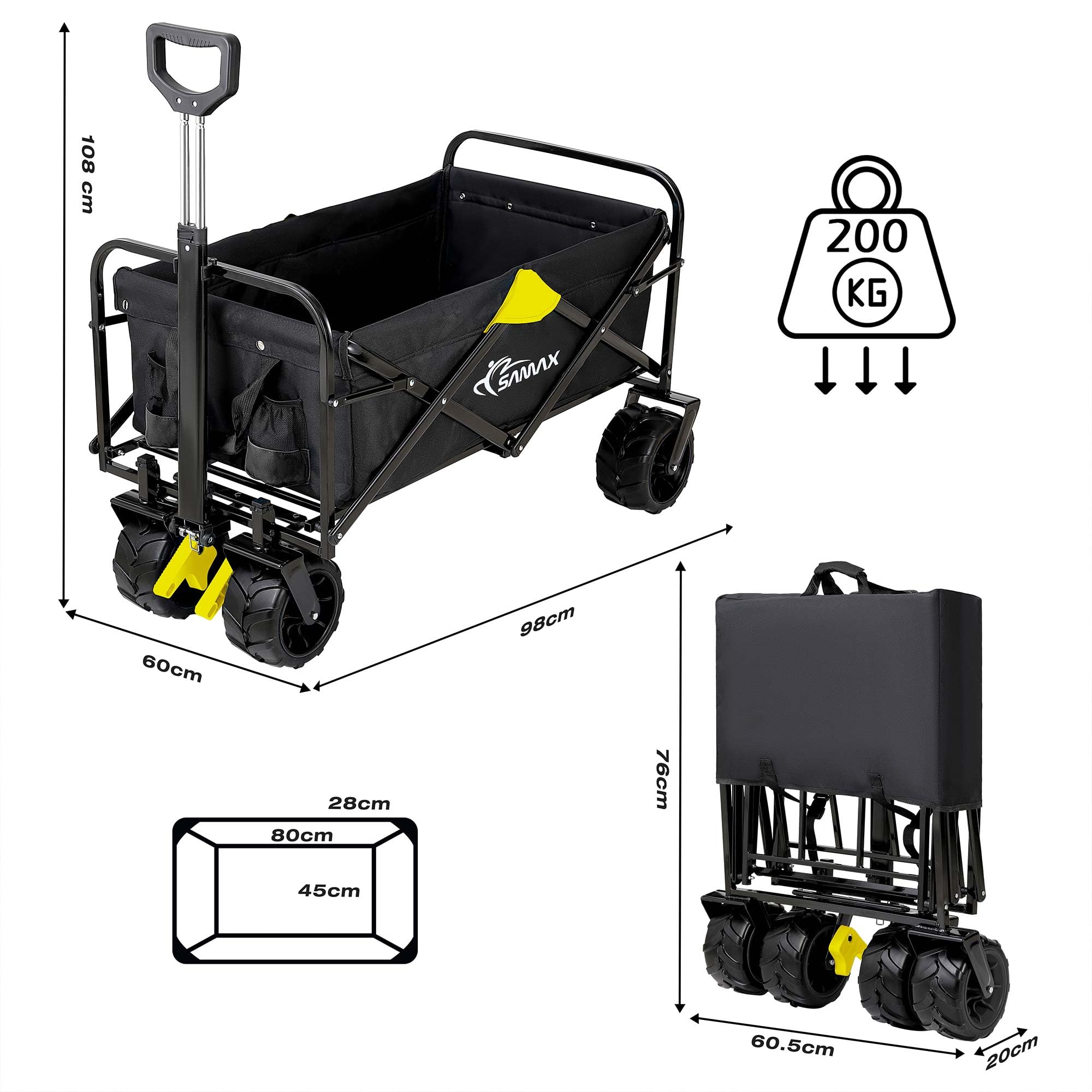 SAMAX Bollerwagen Handwagen Gartenwagen Strandwagen bis 200 kg - Klappbar Faltbarer Bollerwagen Transportwagen - Camping Edition Schwarz/Gelb