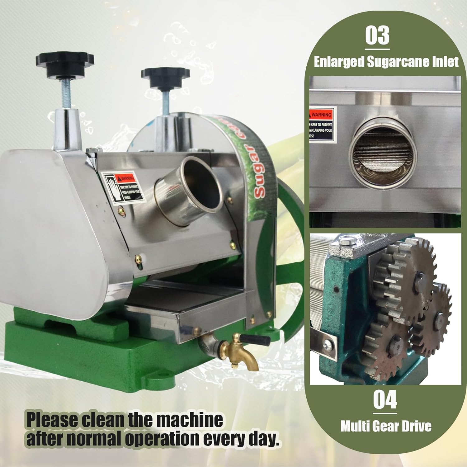 INTSUPERMAI Manual Sugar Cane Juicer Commercial Sugarcane Press Extractor Crusher Squeezer Stainless Steel Sugar Cane Press with Peeling Knives