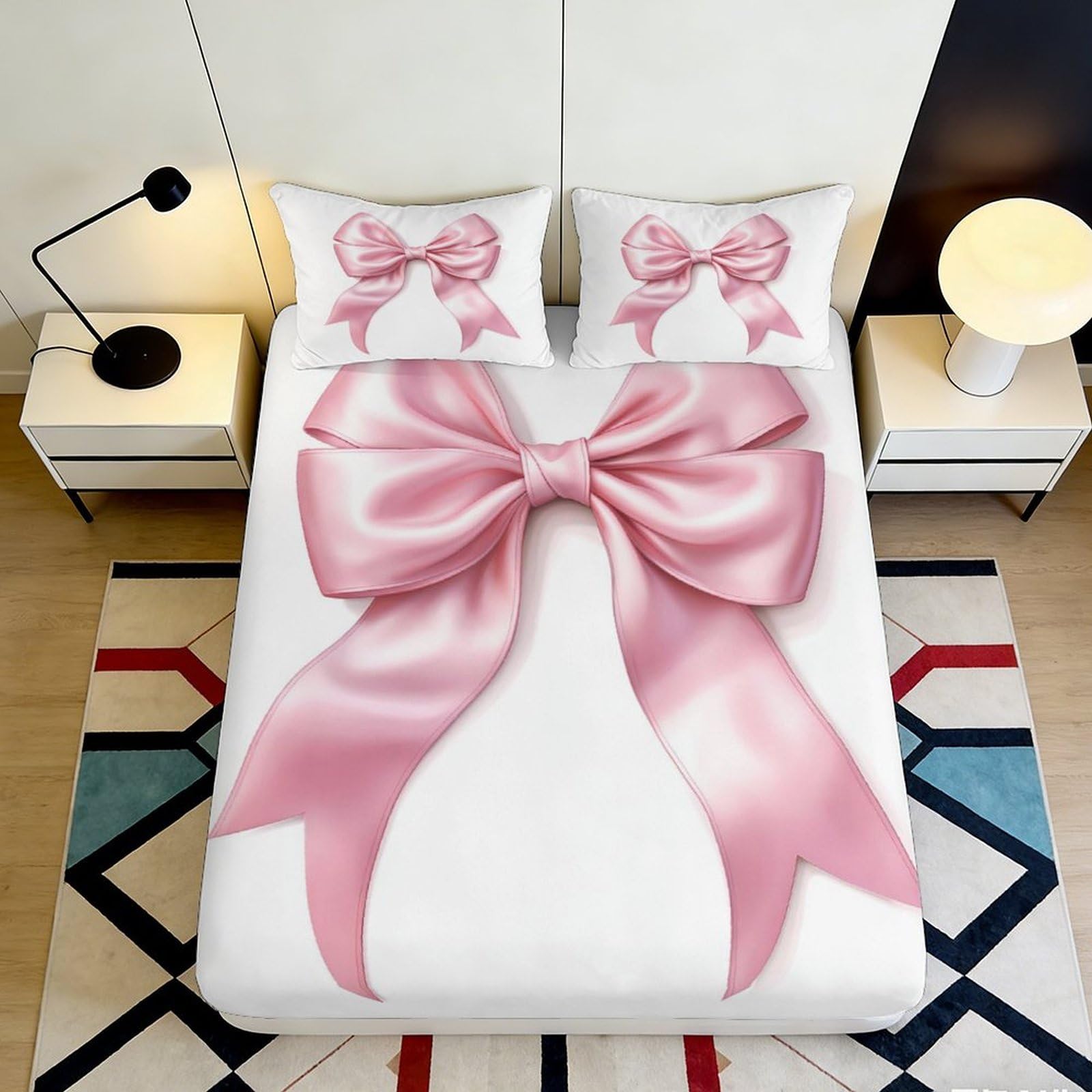 3D Printed Pink Ribbon Fitted Sheet Microfiber Soft Bedroom Decor Bow Mattress Cover for Home Dorm Guest Room 90x200x25cm