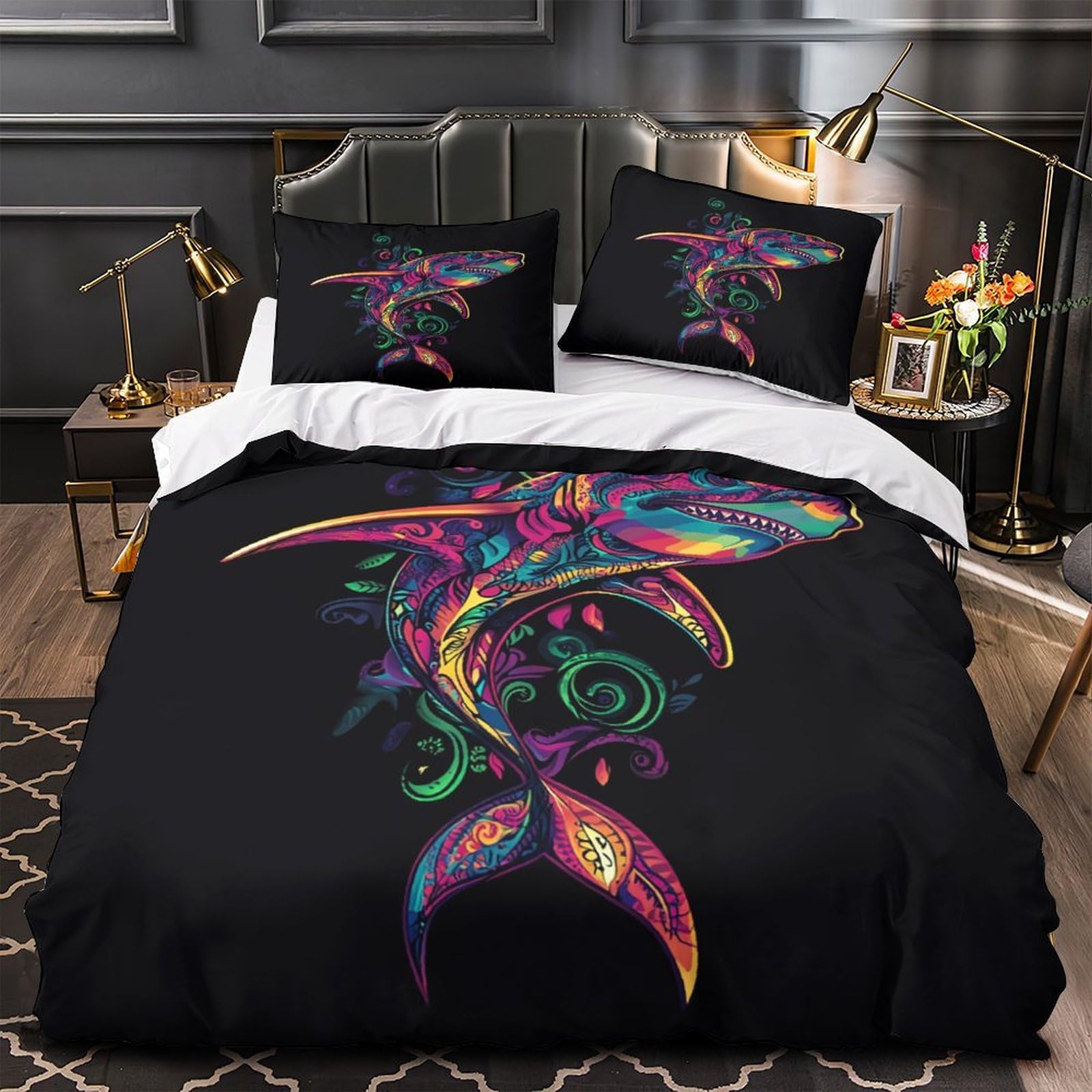 Housse de couette requin 3D 220x240 cm en microfibre avec 2 taies