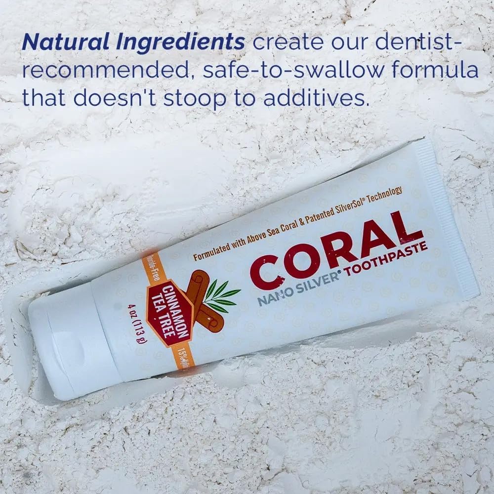 Coral Nano Silver Cinnamon Tea Tree Toothpaste, Natural Fluoride Free Teeth Whitening Toothpaste, Coral Calcium Nano Silver Infused SLS Free 4 Ounce