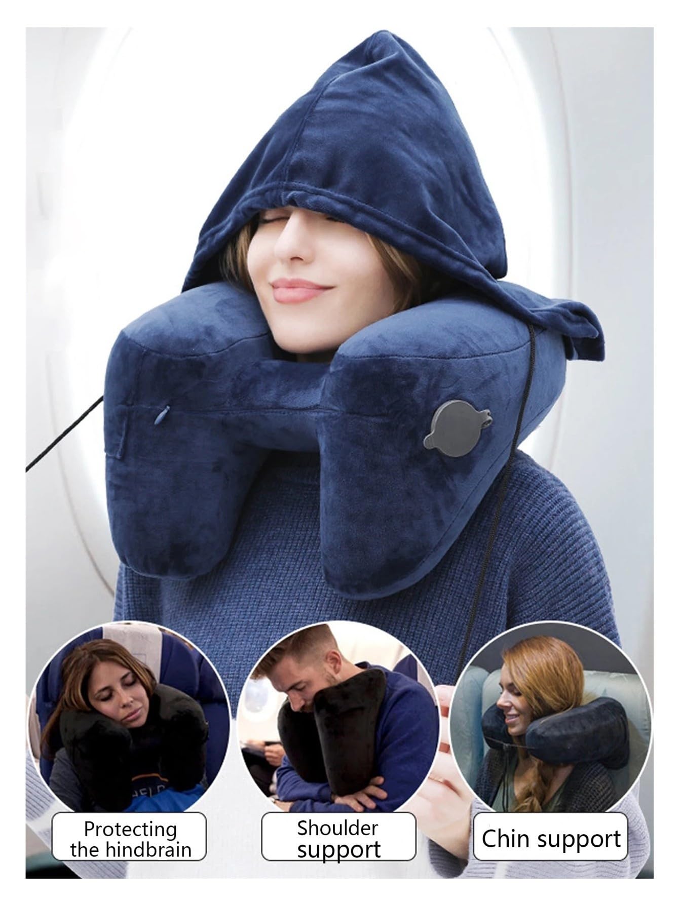 Inflatable U-Shaped Travel Neck Pillow with Hooded Cap
