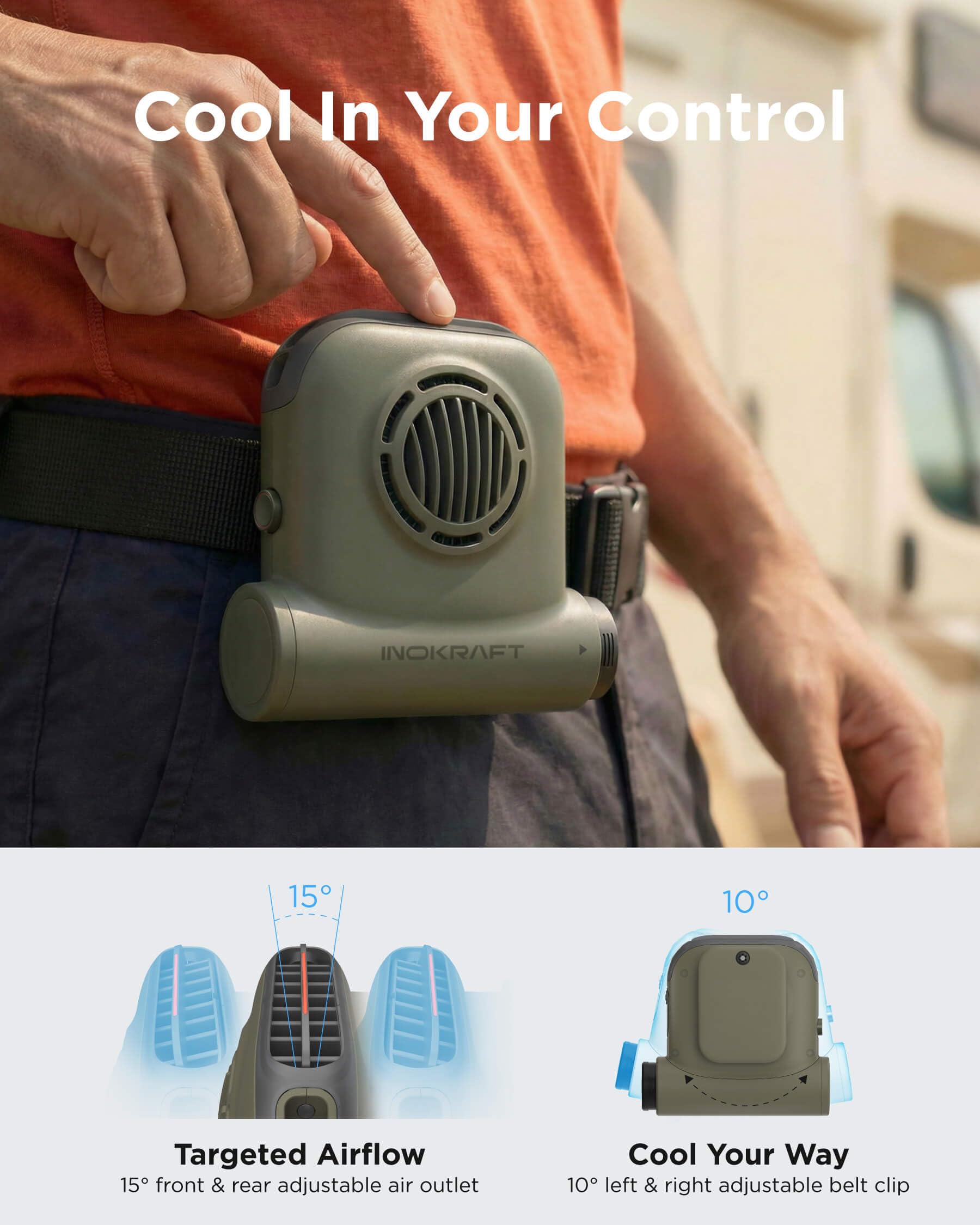 InoKraft Ventilateur de trail, ventilateur de taille à clipser, comprend 2 batteries amovibles 4 Ah, ventilateur personnel turbo de 15 m/s, ventilateur de refroidissement portable mains libres pour