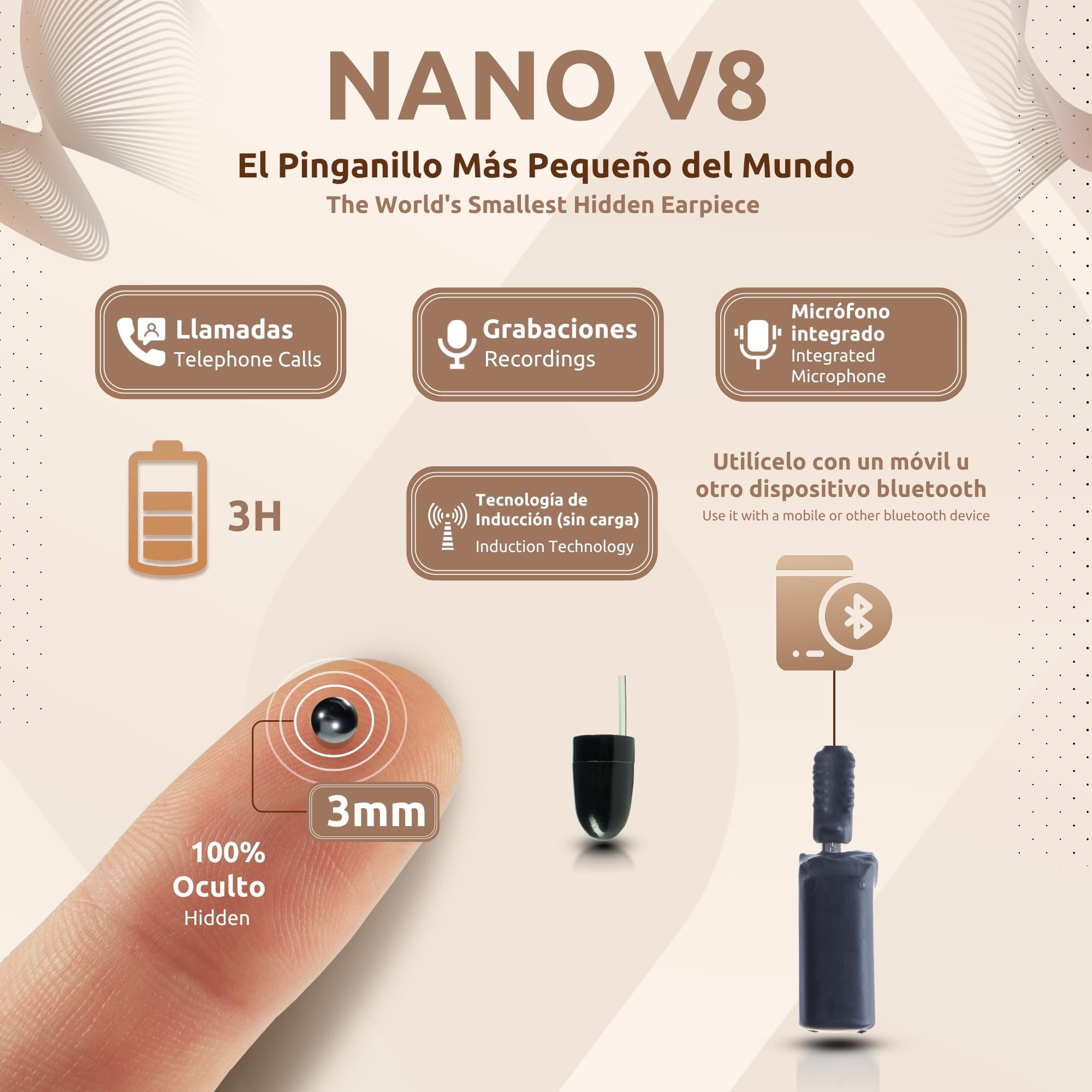 PingaOculto Pinganillo Bluetooth Examenes (Imán V8 + VIP Pro UltraMini) | 2 auriculares espía (Imán y Vip Pro UltraMini), Micrófono integrado, Botón multifunción, Llamadas y grabaciones, Invisible