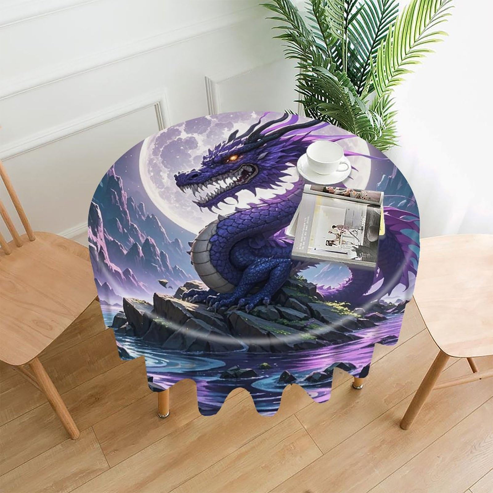 VstaDank Purple Dragon Purple Moon Table Cloth Fashions Washable Round Tablecloth Decorative Table Cover Comfortable Straight Edge Tablecover for Dining Kitchen Party Outdoor 60 Inch