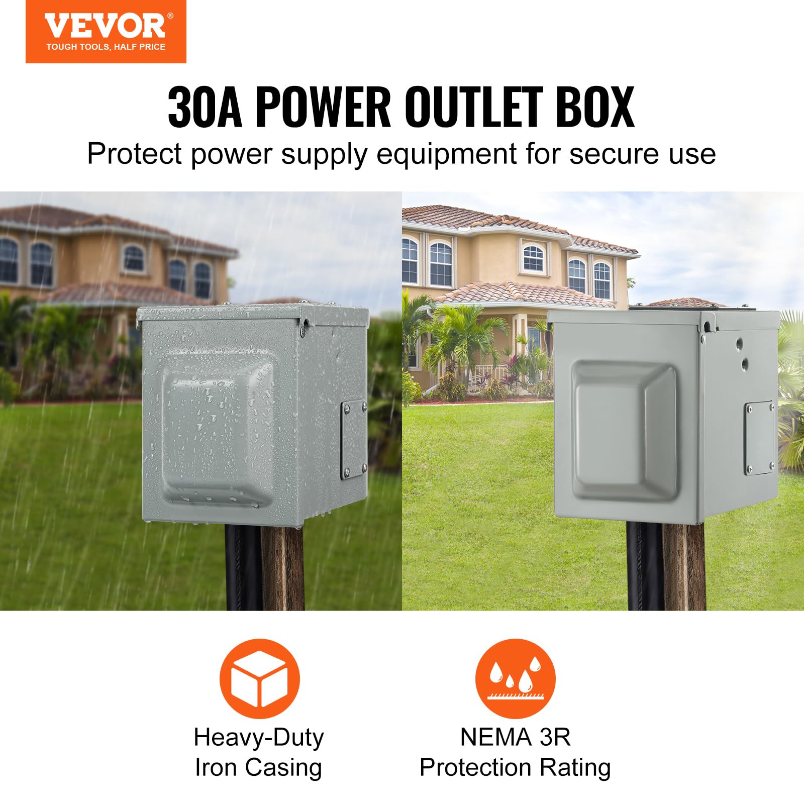 VEVOR Boîte de prise de courant 30 A pour camping-car, 125/250 V, fermée verrouillable, panneau électrique NEMA TT-30R résistant aux intempéries, pour remorque, voiture électrique, prise certifiée UL