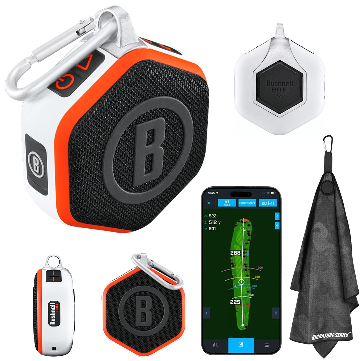 Bushnell Golf Wingman Mini GPS Speaker (Orange/White) | Magnetic Mount, Music & Audible Distances for 38,000+ Courses, Carabiner Clip, Waterproof, 36-Hole Battery, with Signature Series Golf Towel