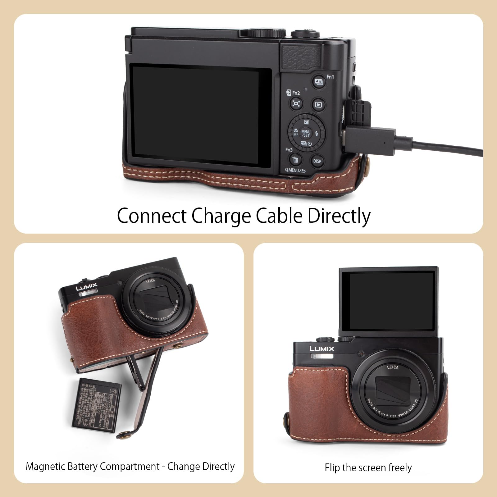 MUZIRI KINOKOO Lumix TZ99 Housse, étui de Protection en Cuir PU pour Appareil Photo numérique Panasonic Lumix DC-TZ99, Sacoche de Transport détachable avec bandoulière réglable - Café