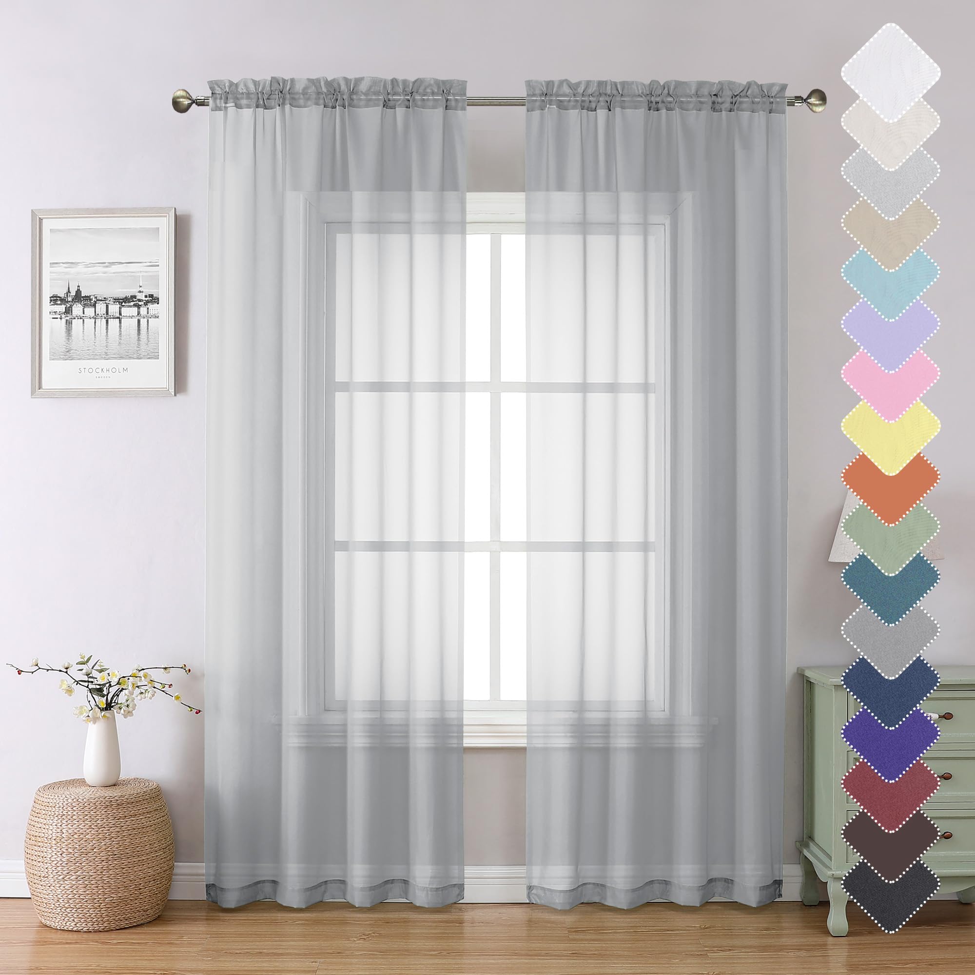 Lecloud Light Grey Sheer Curtains 84 Inch Length 2 Panels, Balance Light & Privacy Dining Room/Bedroom/Living Room Window Silver Gray Curtain, Dual Rod Pockets Solid Voile Drapes, 40x84 Inches