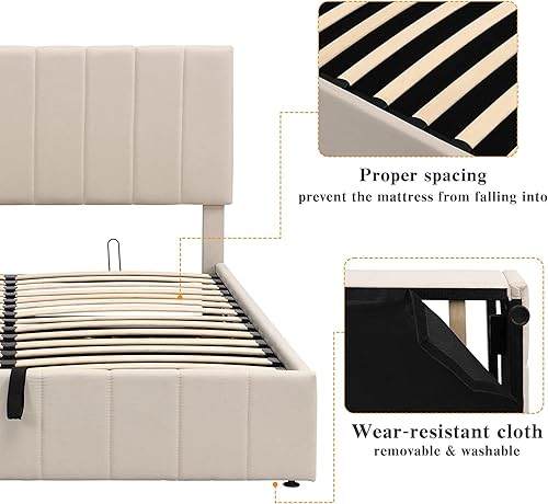 Miniatura 39 de Harper & Bright Designs Cama tapizada de plataforma matrimonial con almacenamiento elevable, marco de cama de tamaño matrimonial con almacenamiento